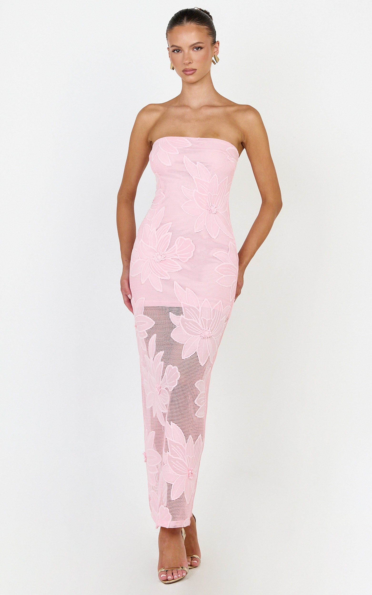 Sienna Midi Dress - Strapless Floral Embroidered Bodycon Dress in Pink - View 1