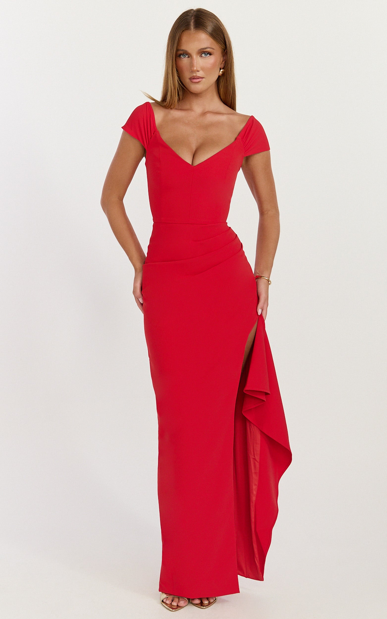 Skye Maxi Dress - V Shaped Neckline Short Sleeve Dress in Red - View 1