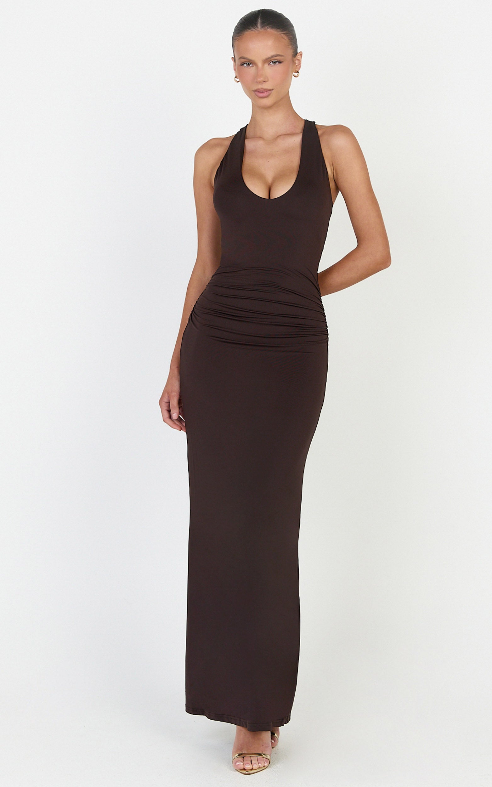 Sophie Maxi Dress - Plunge Neckline Ruched Waist Racer Back Dress in Chocolate - View 1