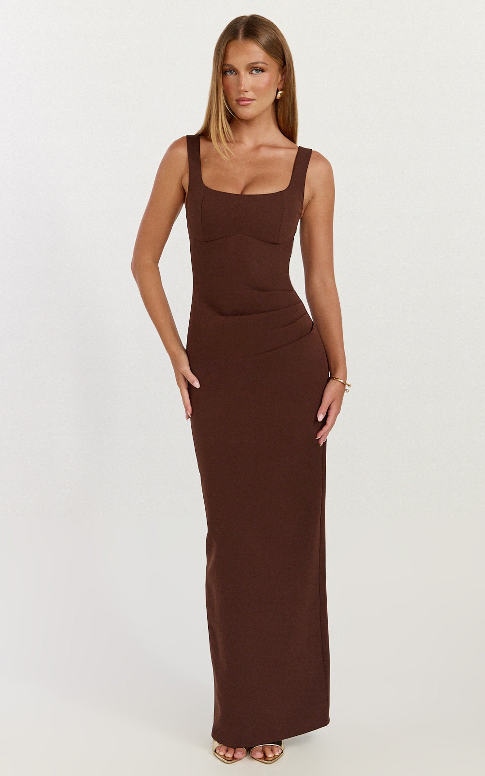 Stormi Maxi Dress - Balconette Bodice Side Split Dress in Chocolate - View 1