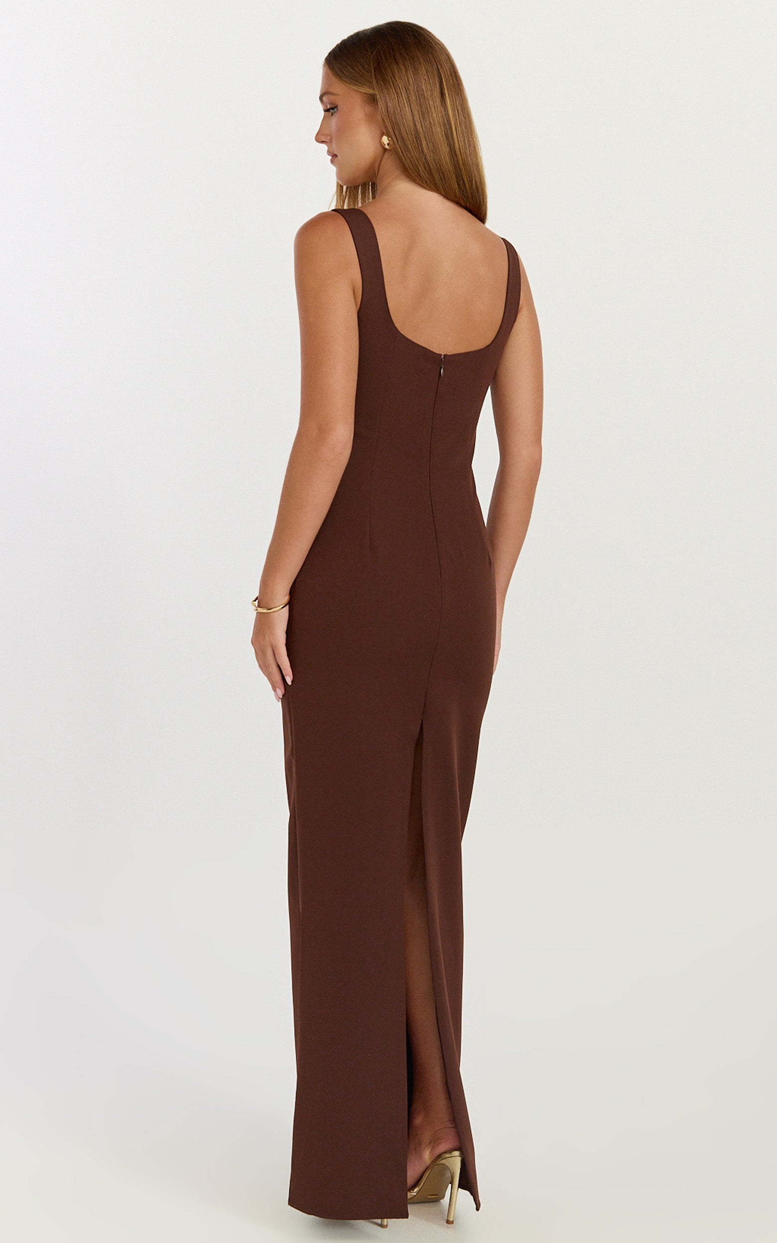 Stormi Maxi Dress - Balconette Bodice Side Split Dress in Chocolate - View 8