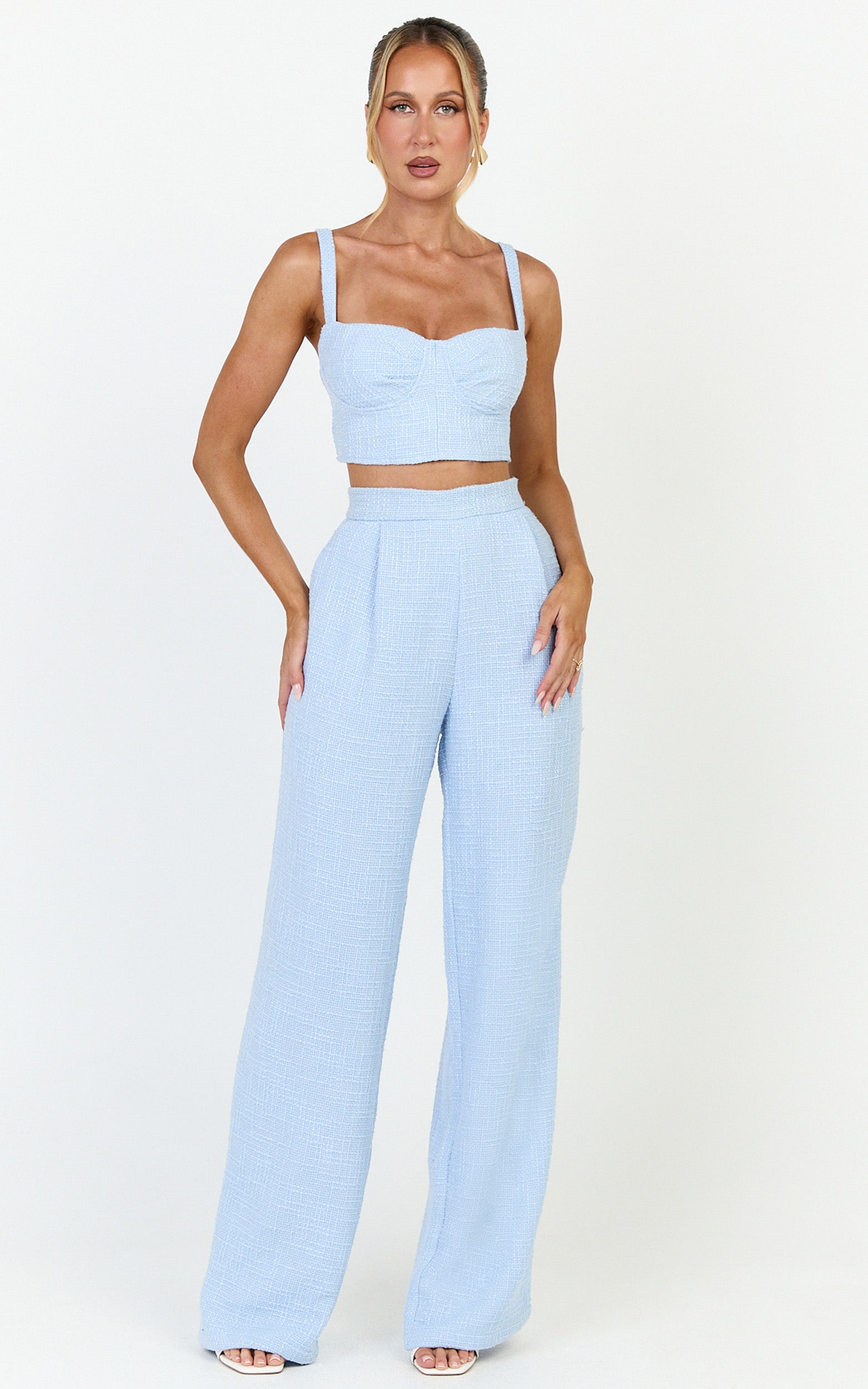 Sylvia Two Piece Set - Corset Top and High Waisted Wide Leg Pants Set in Blue - View 1