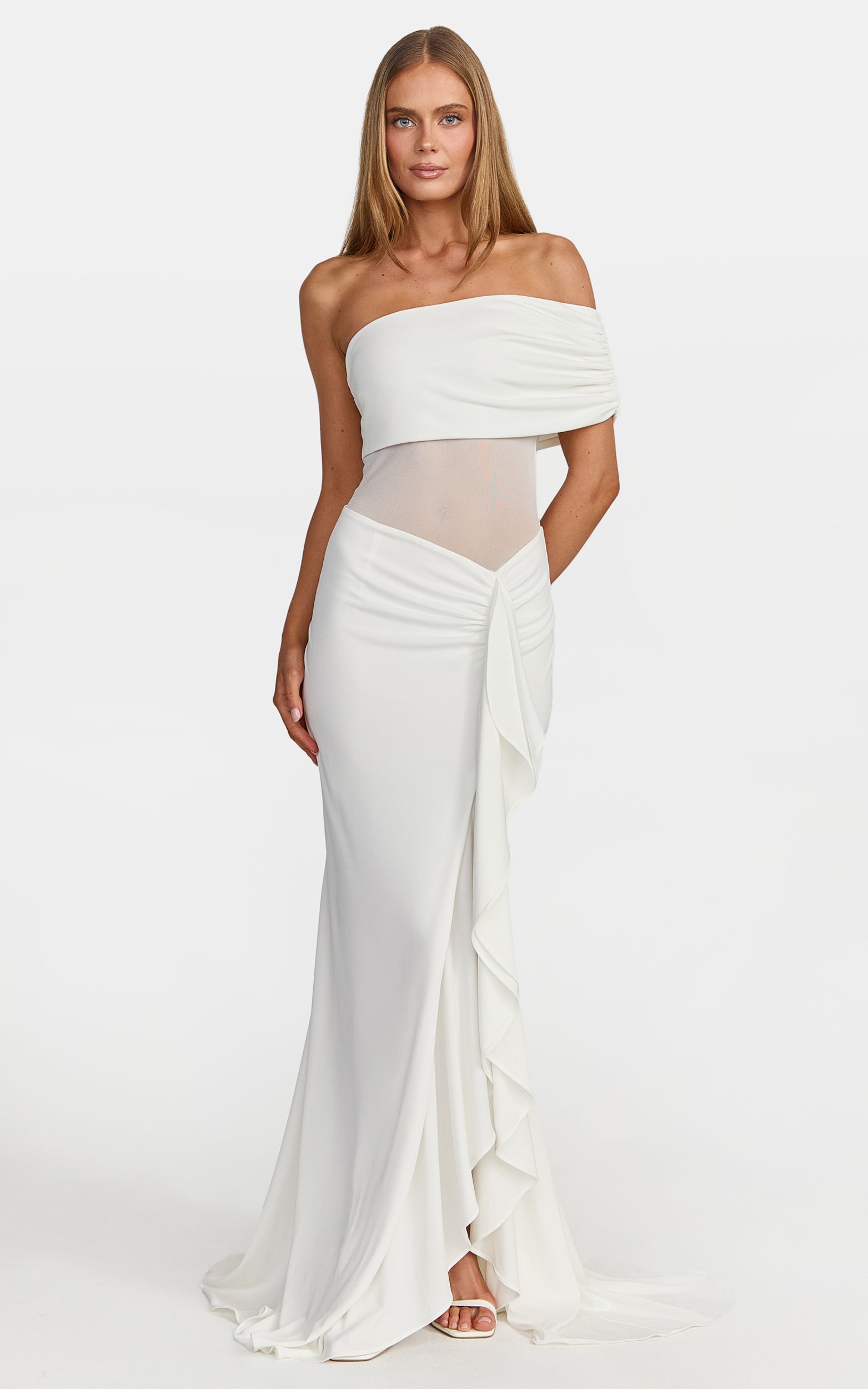 Hallie Maxi Dress - One Shoulder Flounce Dress With Leg Split And Sheer Panel in White - View 1