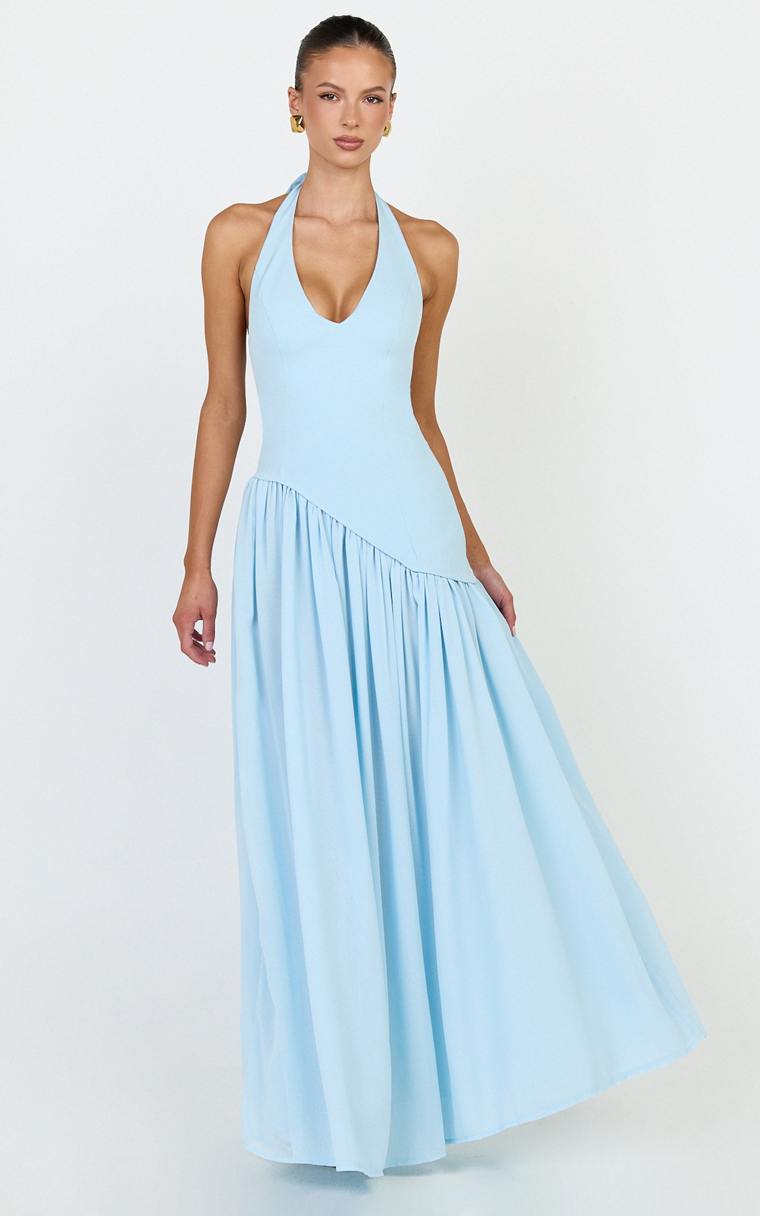 Calla Maxi Dress - Halter Neck Asymmetric Dropped Waist Dress in Blue - View 1