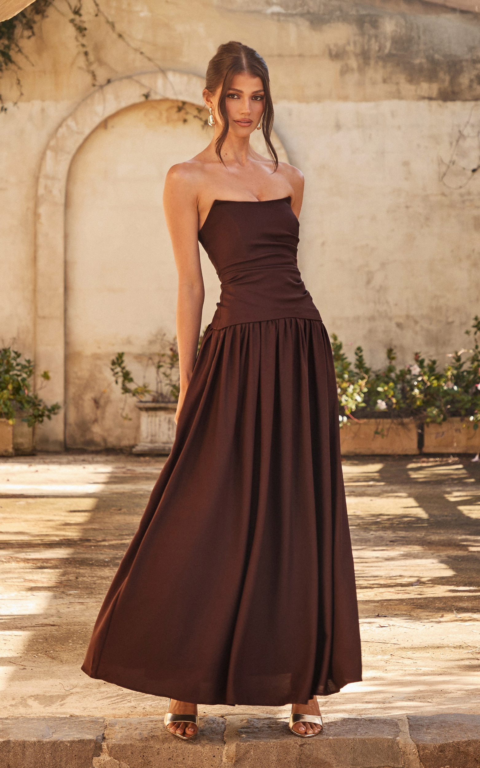 Marlowe Maxi Dress - Strapless Gathered Bodice Fit And Flare Dress in Chocolate - View 3