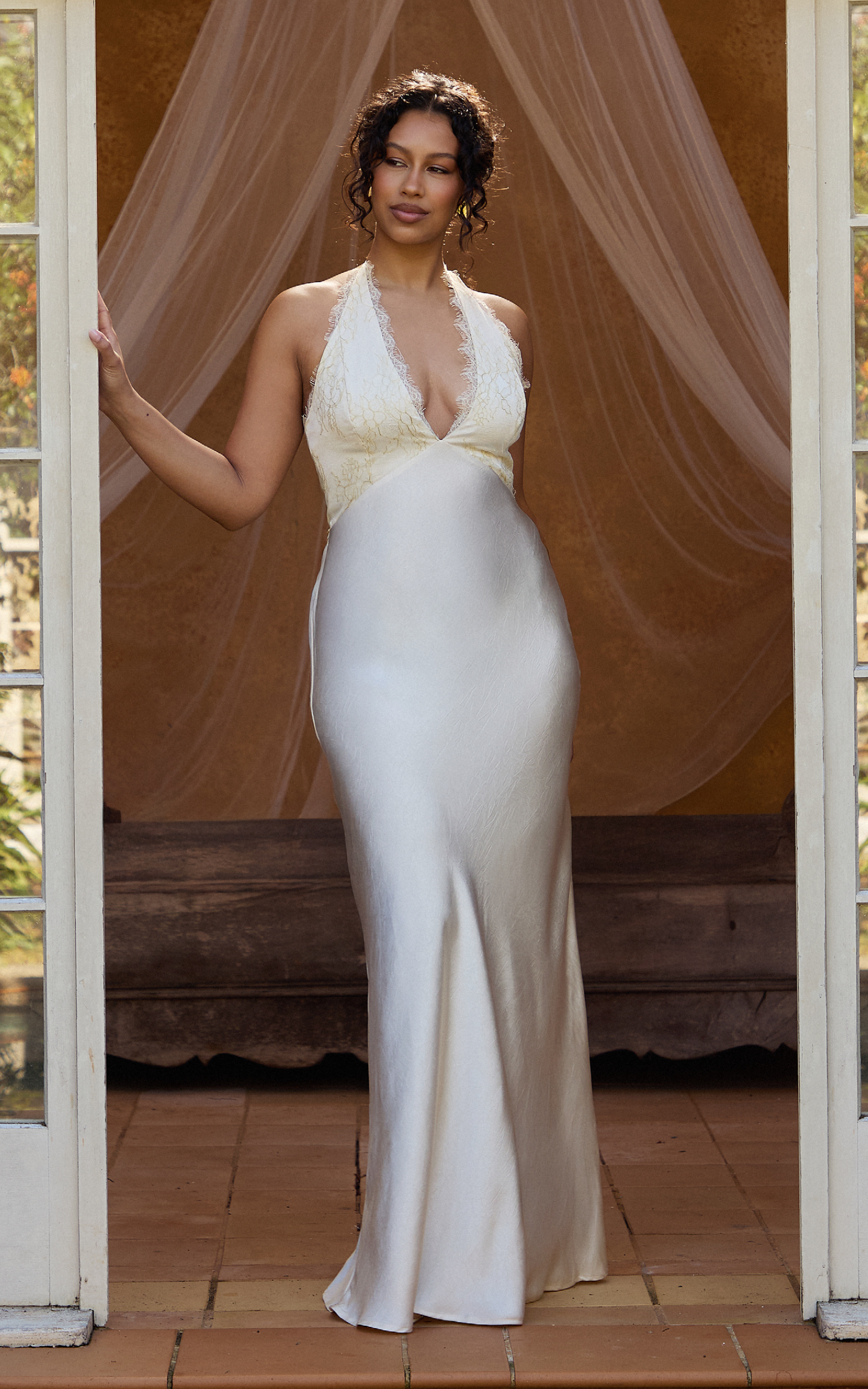 Marielle Maxi Dress - Lace Bust Halter Dress in Cream - View 1