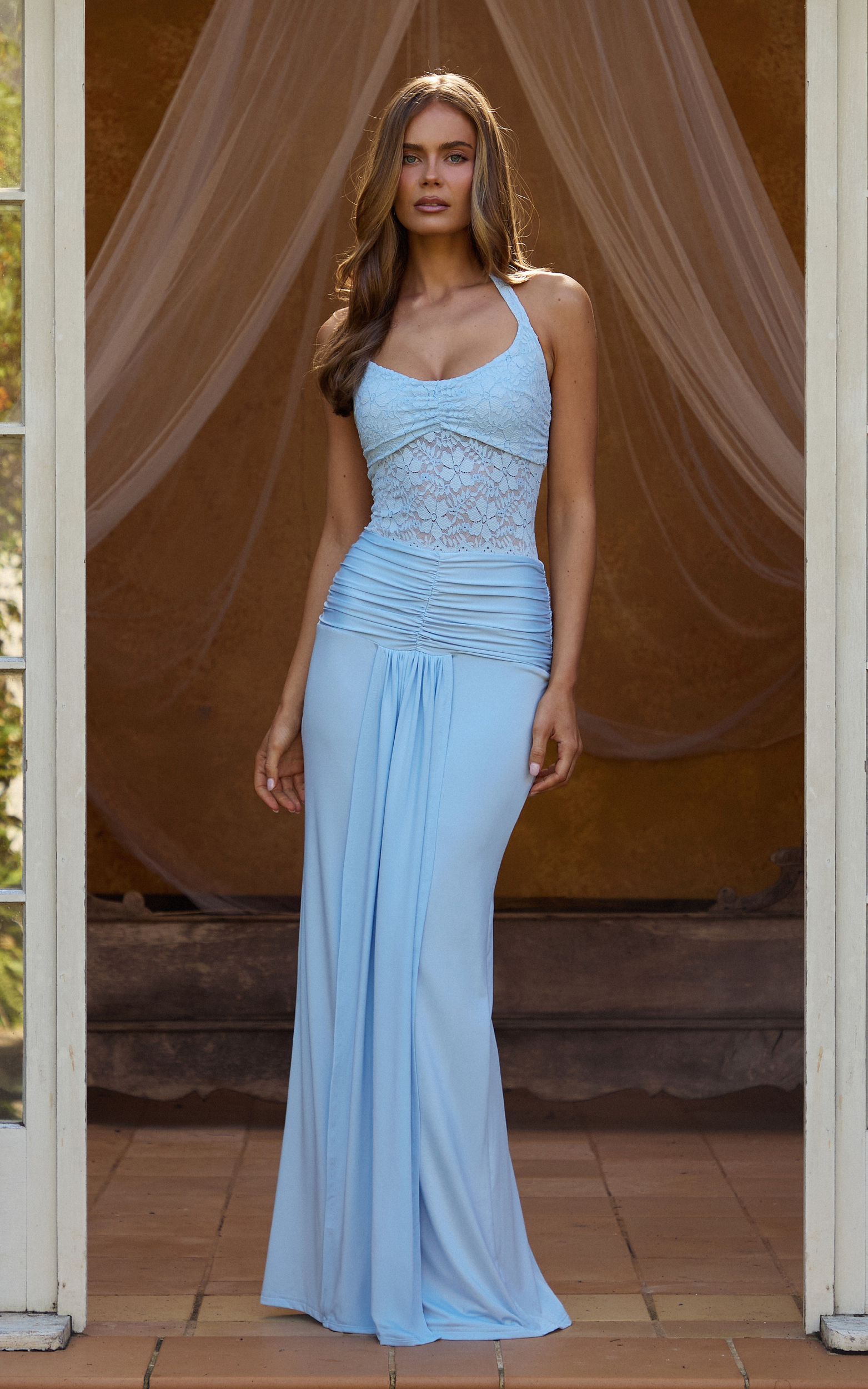 Melville Maxi Dress - Lace Bodice Draped Front Halter Dress in Blue - View 2
