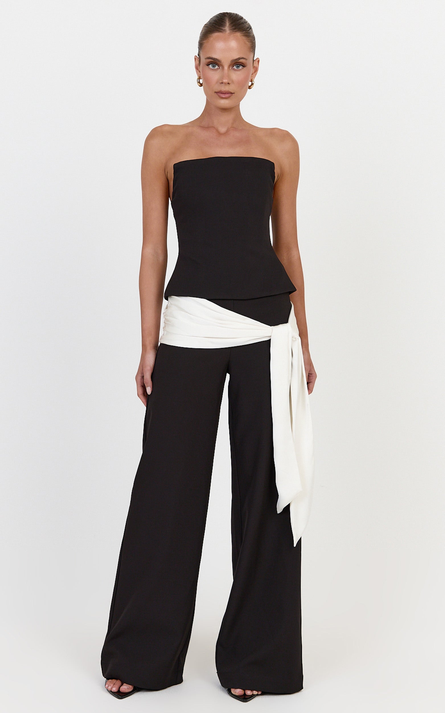 Talia Pants - Straight Leg Mid Rise Pants With Contrast Waist Tie in Black/Off White - View 1
