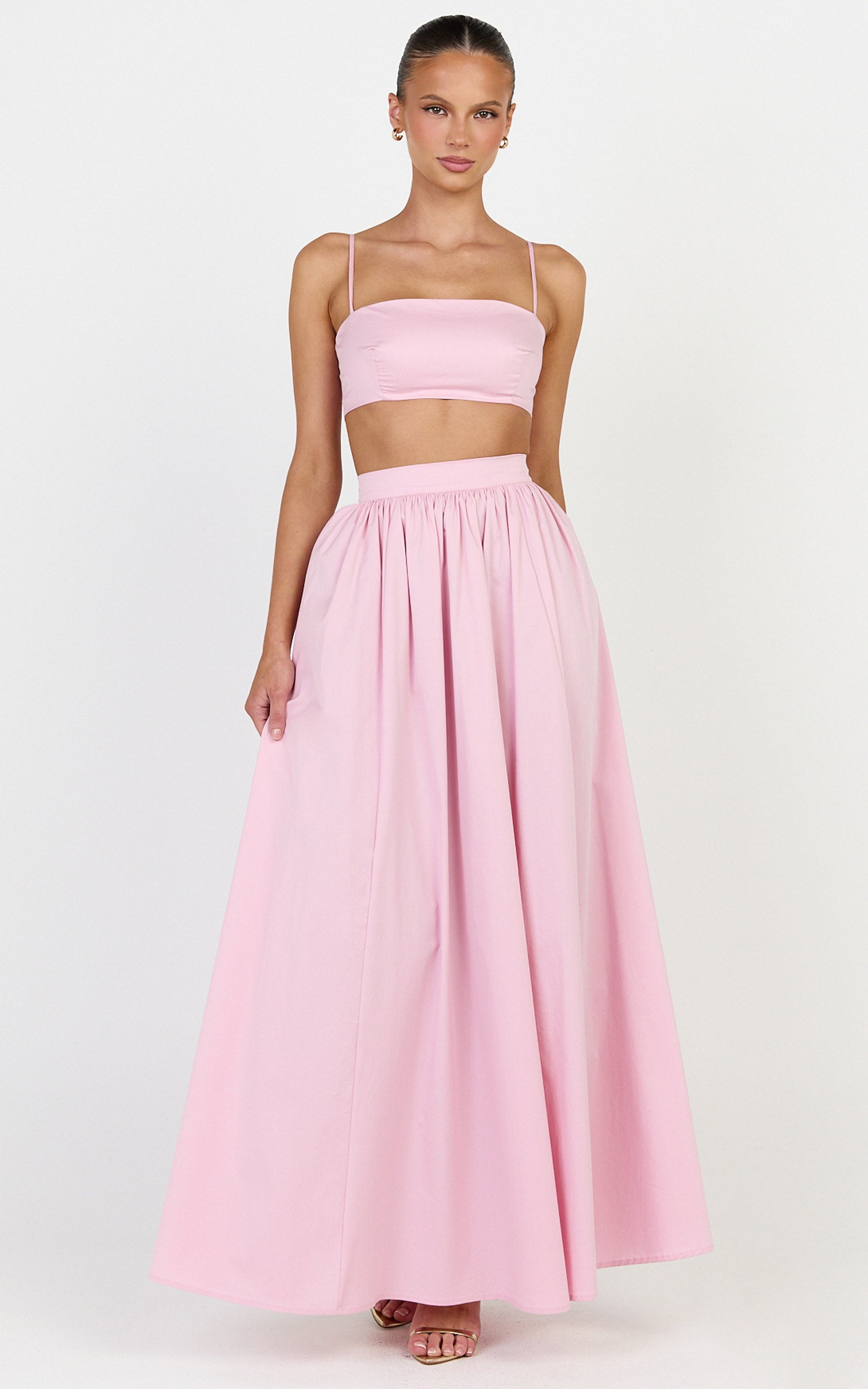 Tegan Two Piece Set - Straight Neck Micro Crop Top and A Line Maxi Skirt Set in Baby Pink - View 1