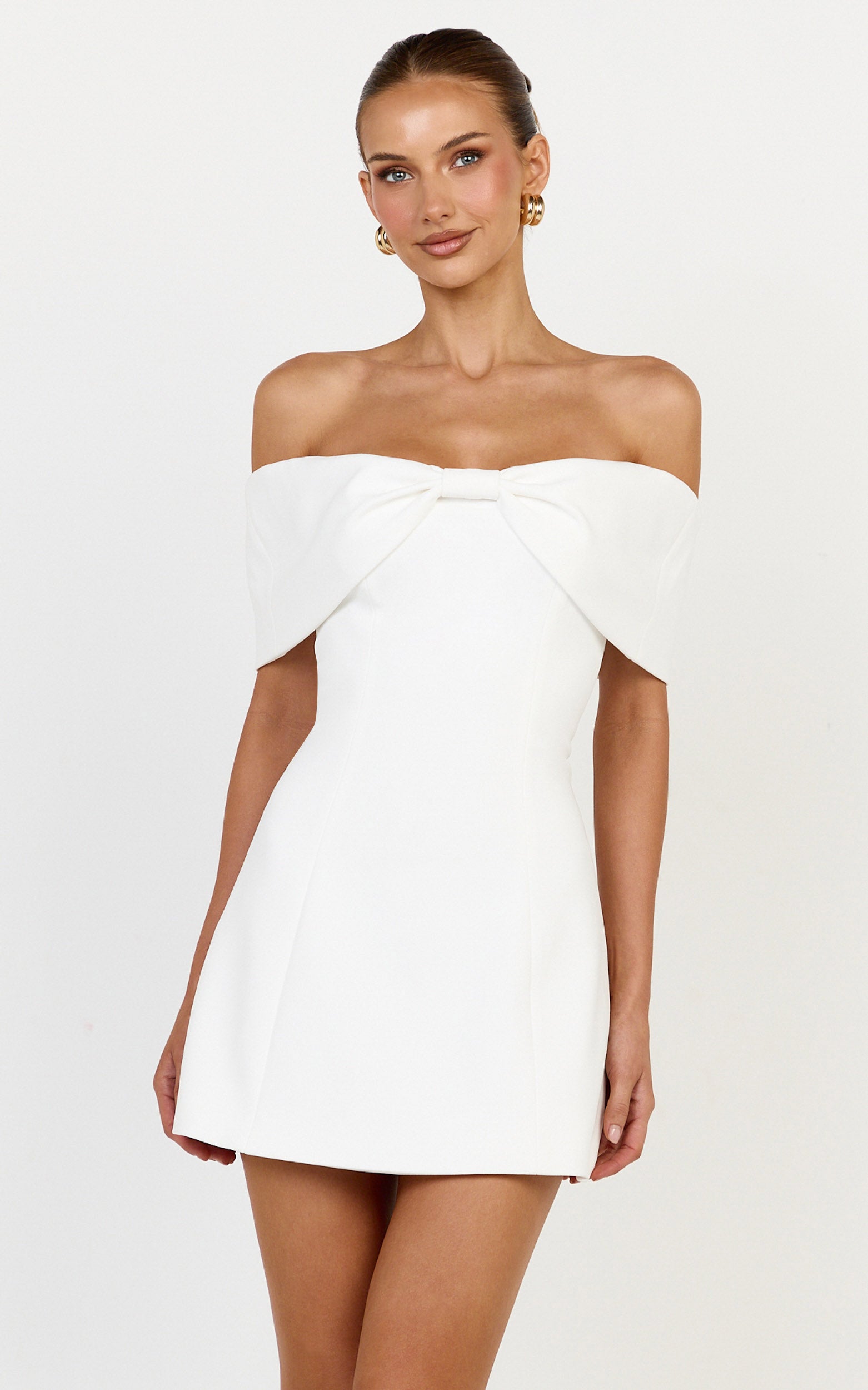Thalia Mini Dress - Off Shoulder Bow Detail Dress in White - View 1