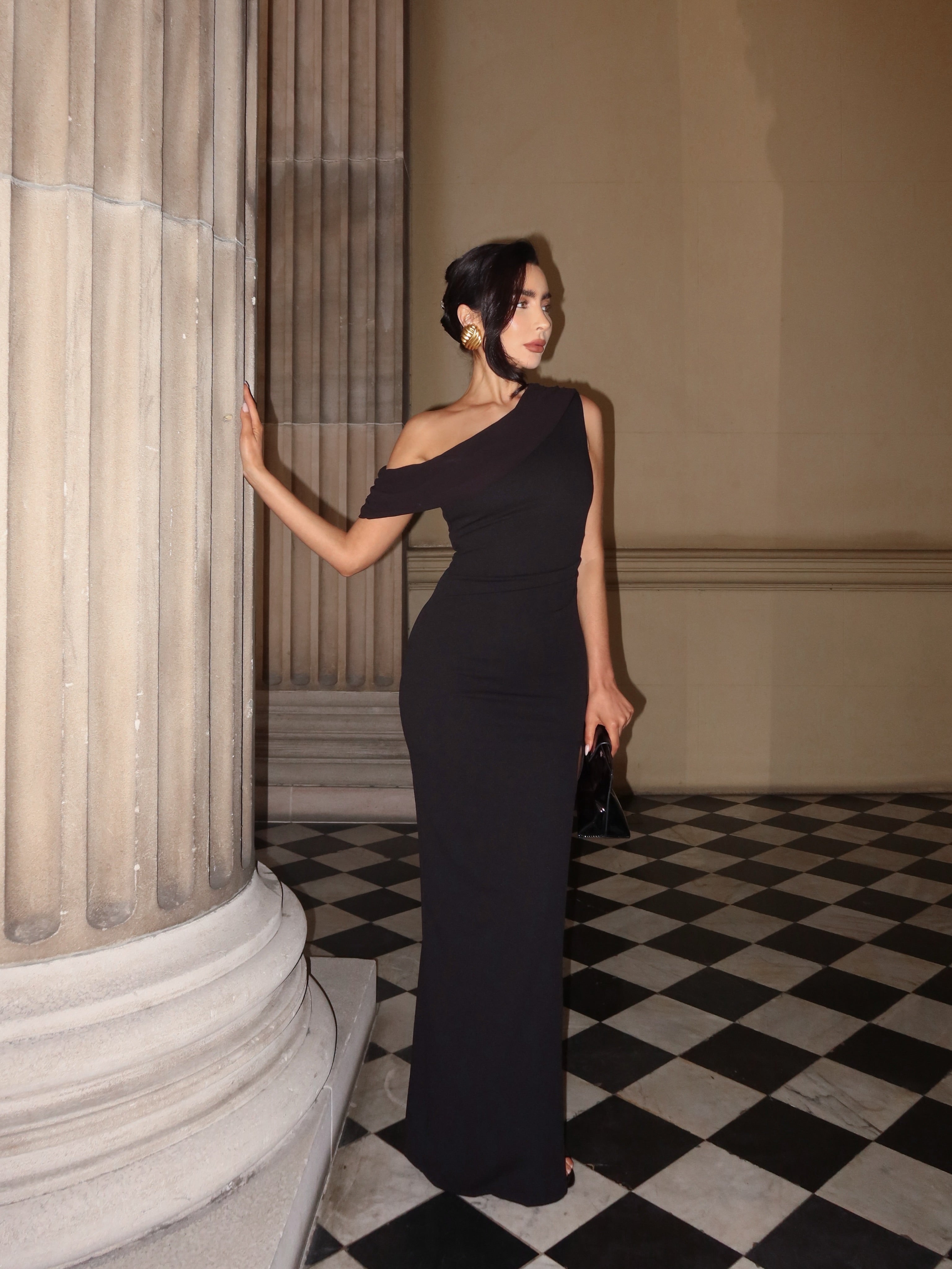 Helen Maxi Dress - One Shoulder Draped Fitted Dress in Black - View 9