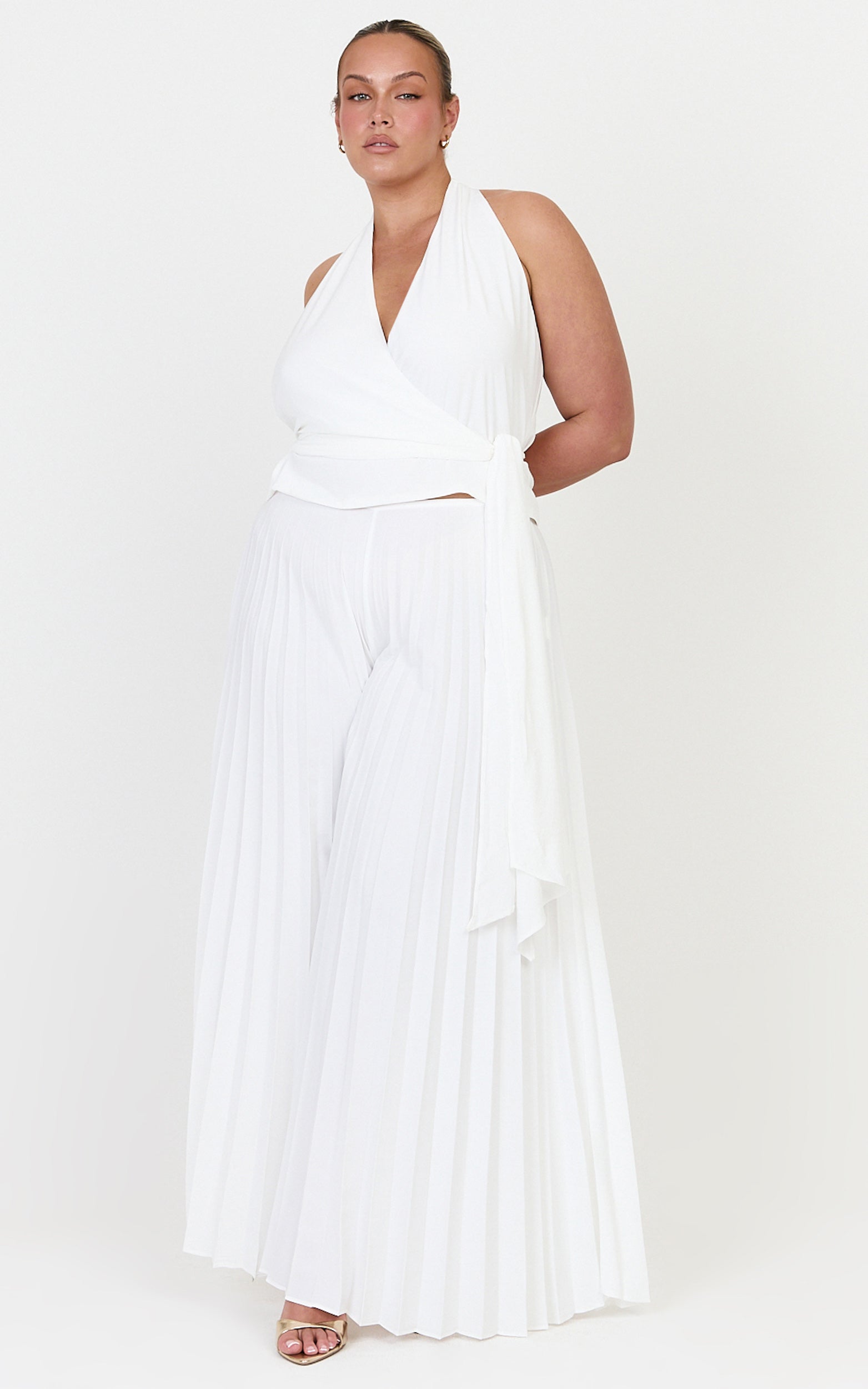 Valentina Top - Halter Neck Front Wrap Sash Detail Top in Off White - View 2