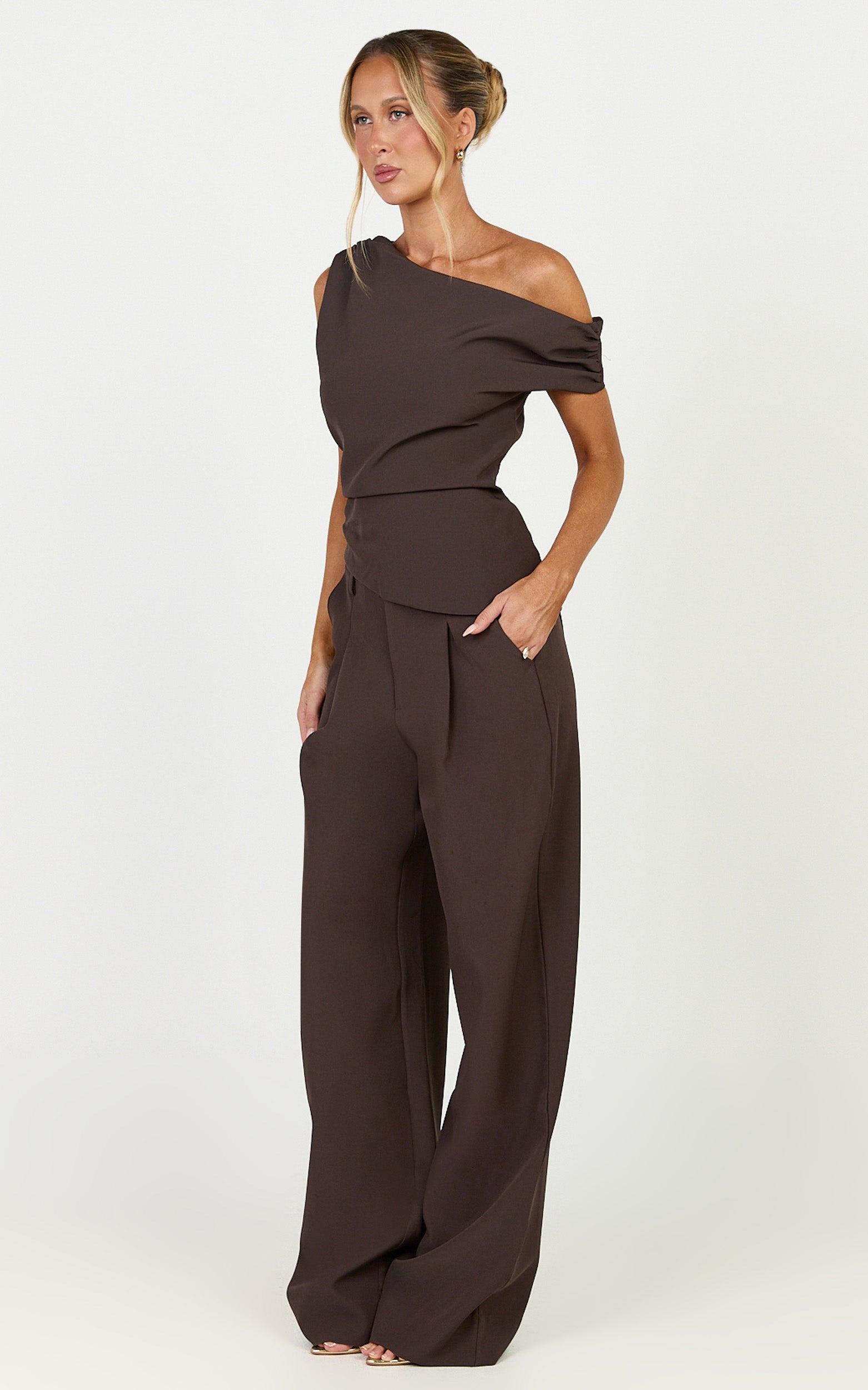 Valentina Two Piece Top and Pants Set - Off Shoulder Asymmetric Hem Top And Wide Leg Pants Set in Dark Chocolate - View 2