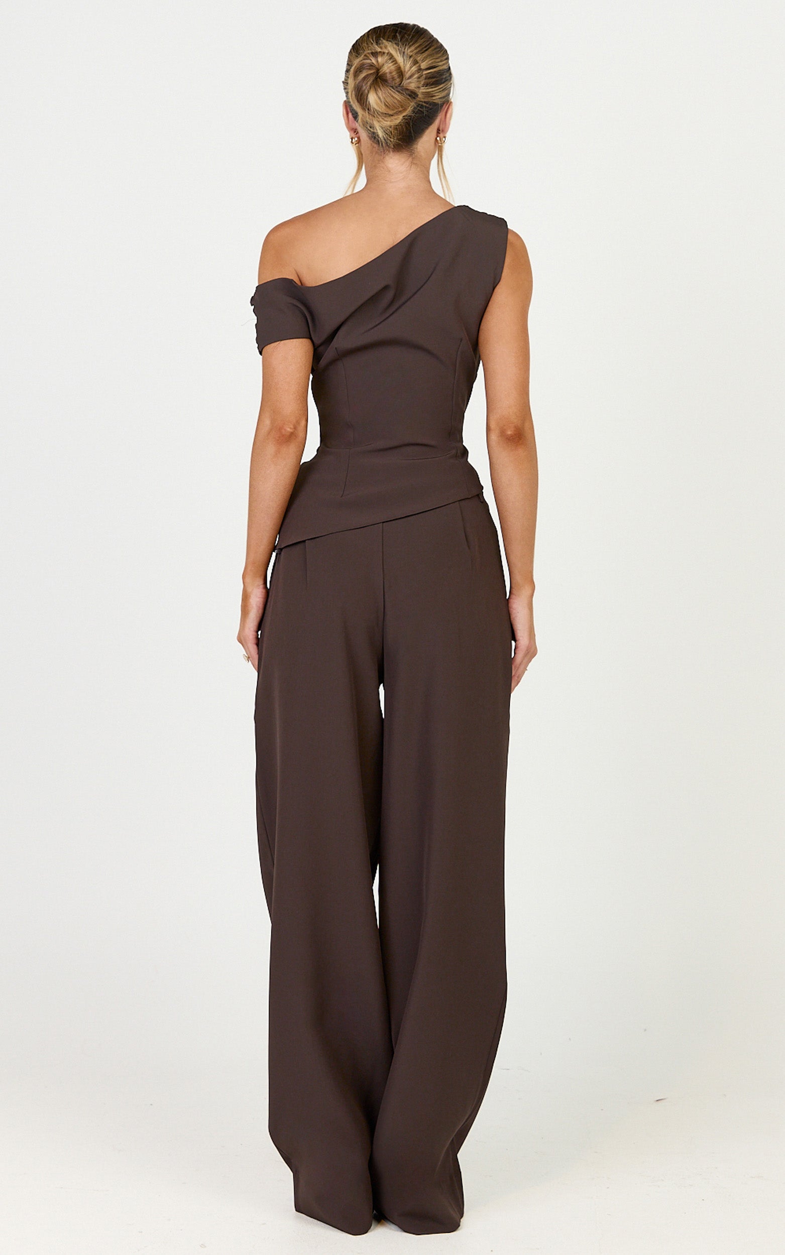 Valentina Two Piece Top and Pants Set - Off Shoulder Asymmetric Hem Top And Wide Leg Pants Set in Dark Chocolate - View 5