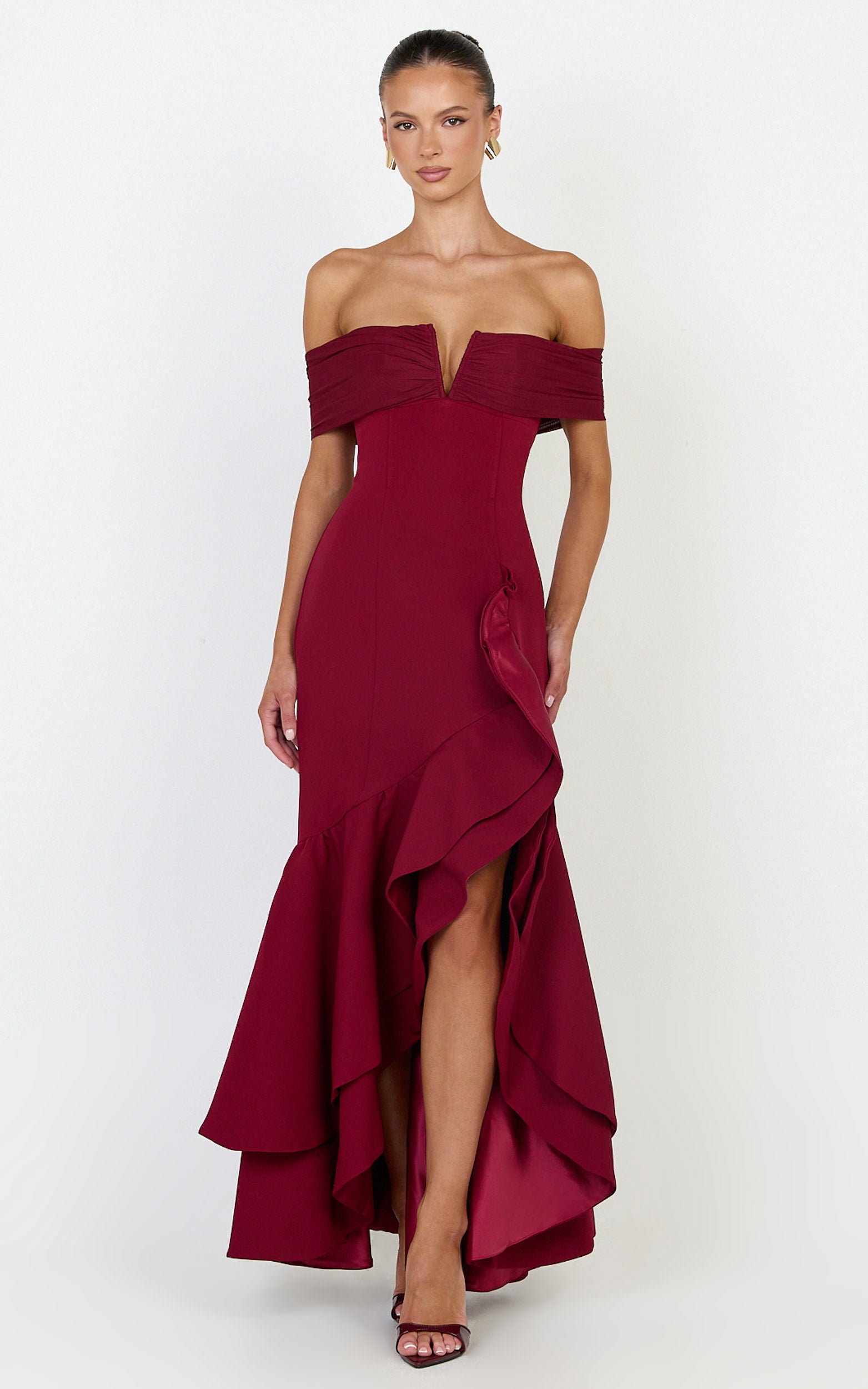 Vienna Maxi Dress - Off Shoulder Ruffle Hem Dress in Wine - View 1