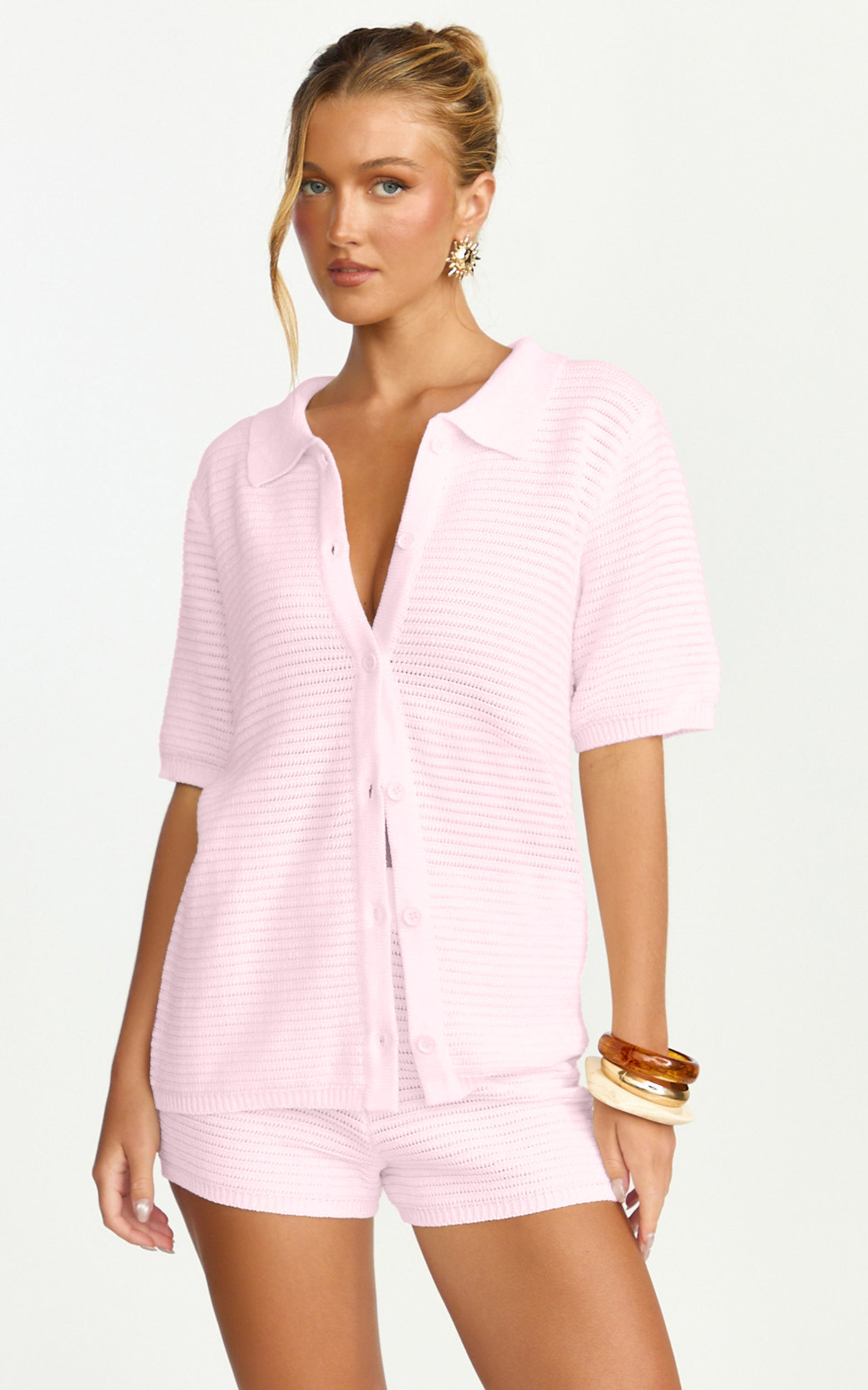 Vivi Two Piece Top and Shorts Set - Crochet Shirt and Shorts Set in Pink - View 5