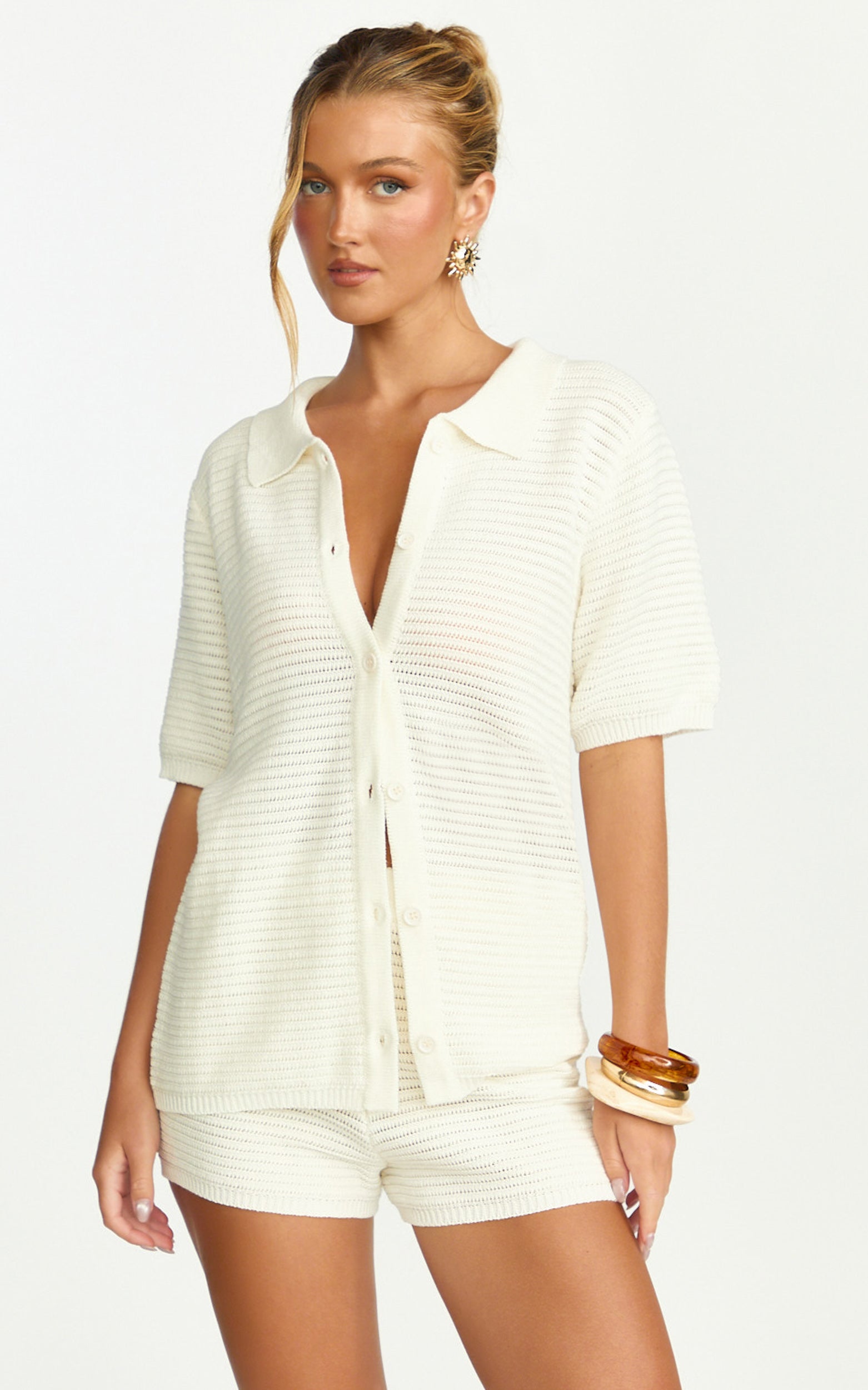 Vivi Two Piece Top and Shorts Set - Crochet Shirt and Shorts Set in Cream - View 2