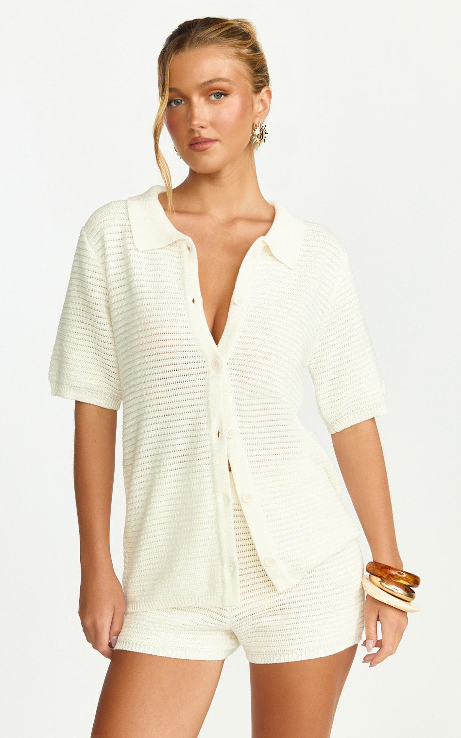 Vivi Two Piece Top and Shorts Set - Crochet Shirt and Shorts Set in Cream - View 6