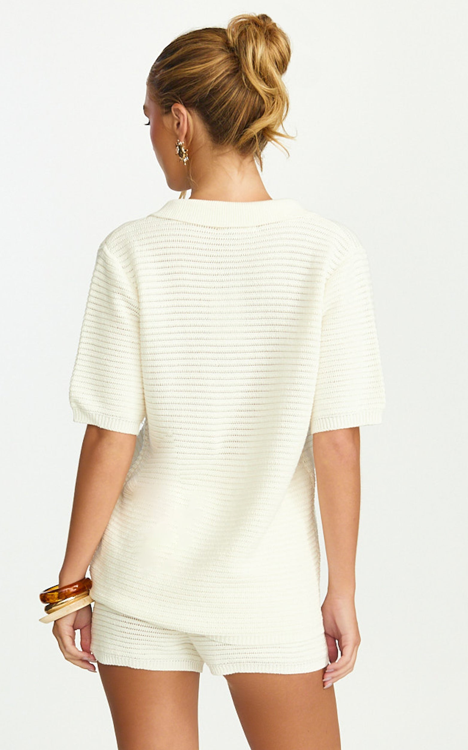 Vivi Two Piece Top and Shorts Set - Crochet Shirt and Shorts Set in Cream - View 4