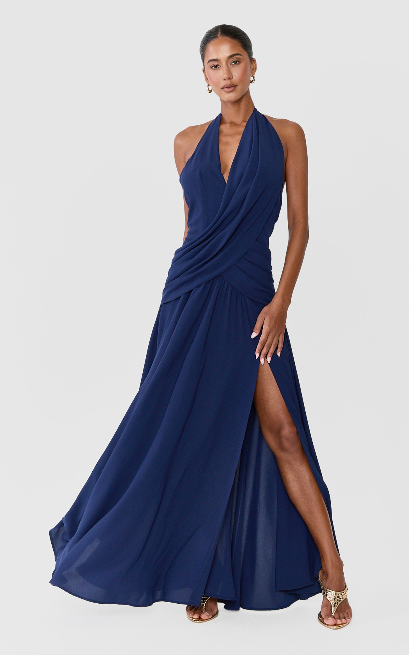 Yara Maxi Dress - Draped Halter Neck Backless Dress in Navy - View 2