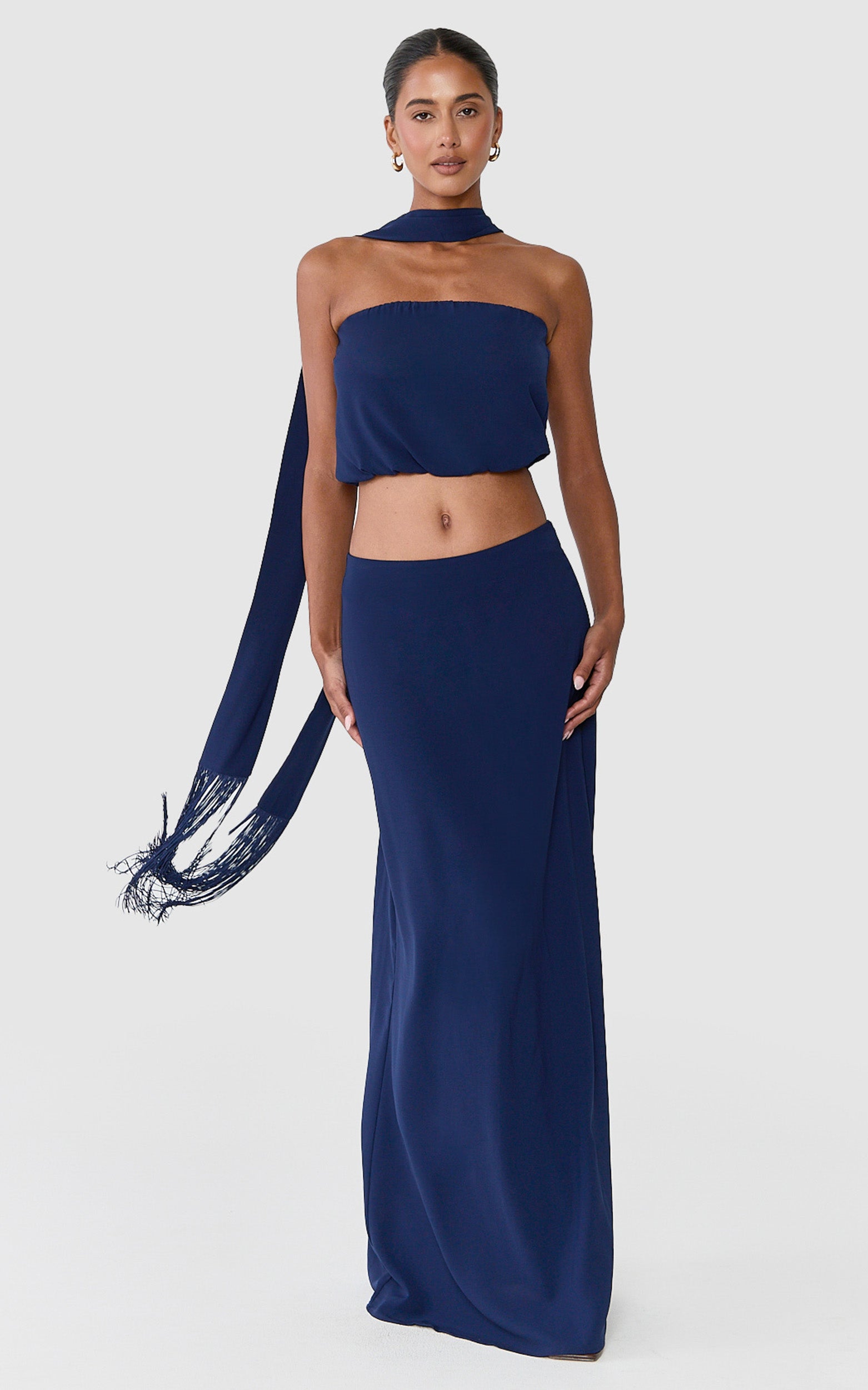 Yara Two Piece Set - Strapless Top And Maxi Column Skirt With Fringe Trim Scarf Set in Navy - View 2