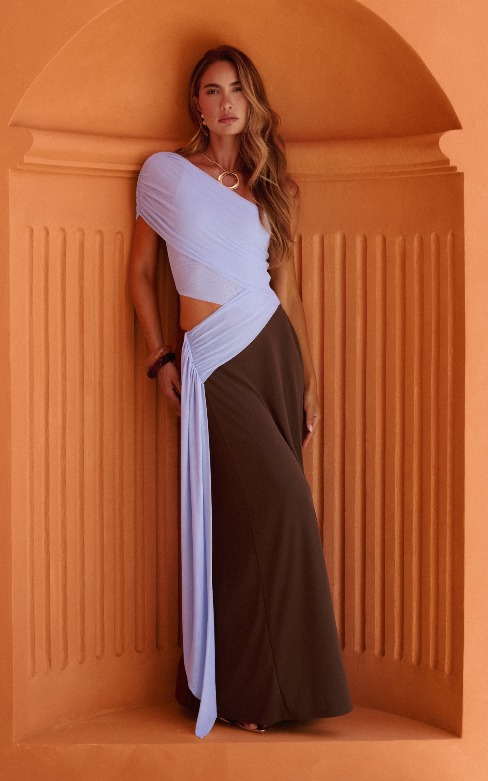 Arielle Maxi Dress - One Shoulder Sash Detail Cut Out Colour Block Dress in Blue/Chocolate Contrast - View 1