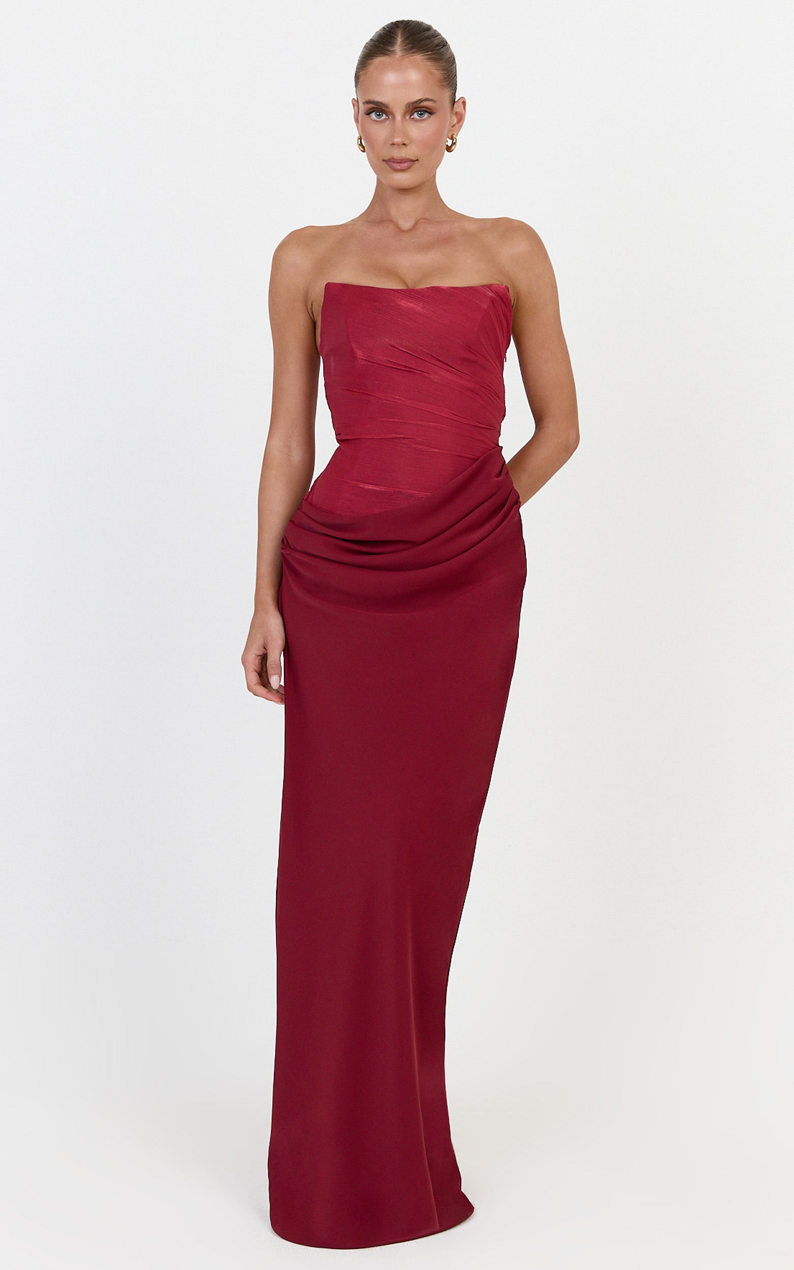 Zella Maxi Dress - Contrast Corset Bodice Draped Dress in Wine - View 2