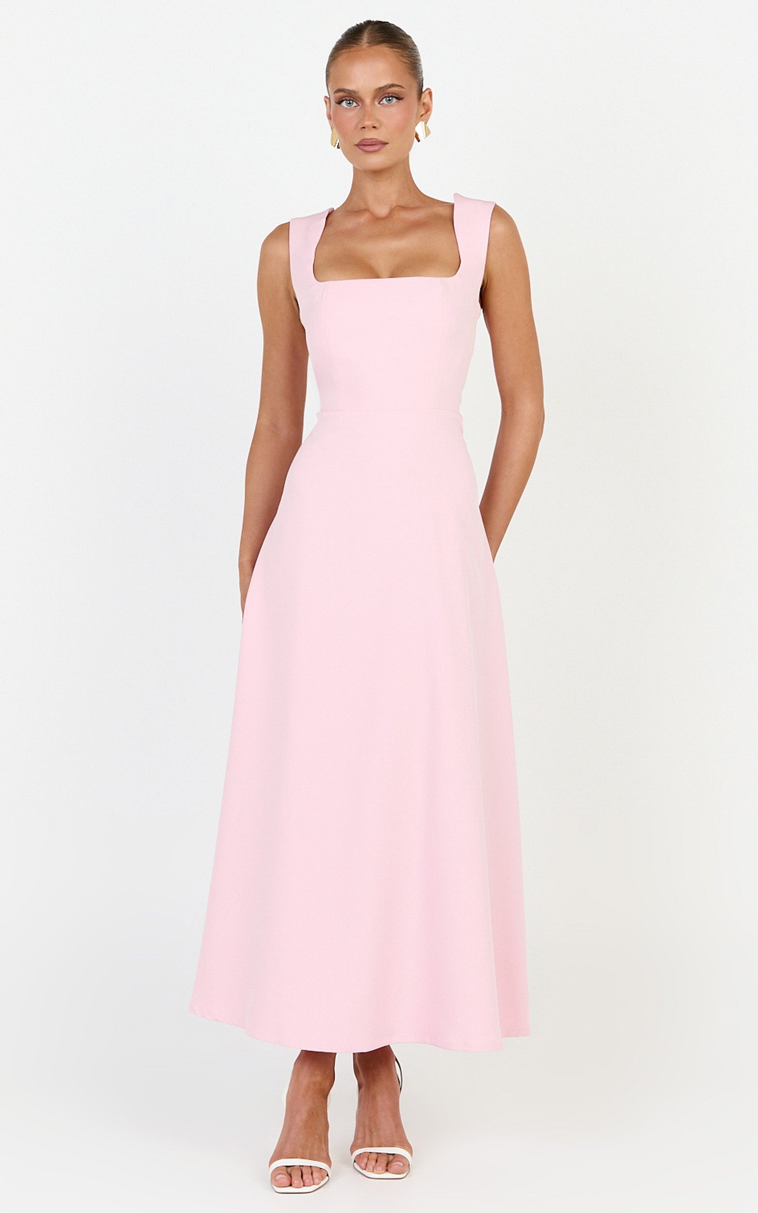 Zinnia Midi Dress - Square Neck A Line Dress in Pink - View 1