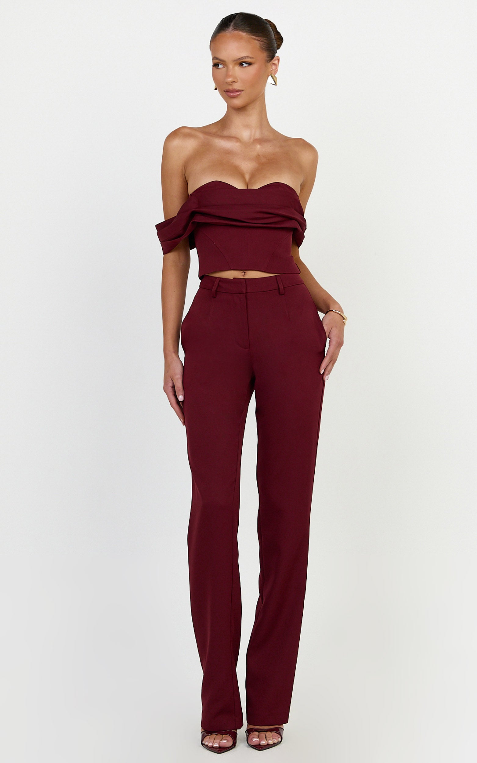 Zinnia Two Piece Top and Pants Set - Off Shoulder Top and Straight Leg Pants in Wine - View 1