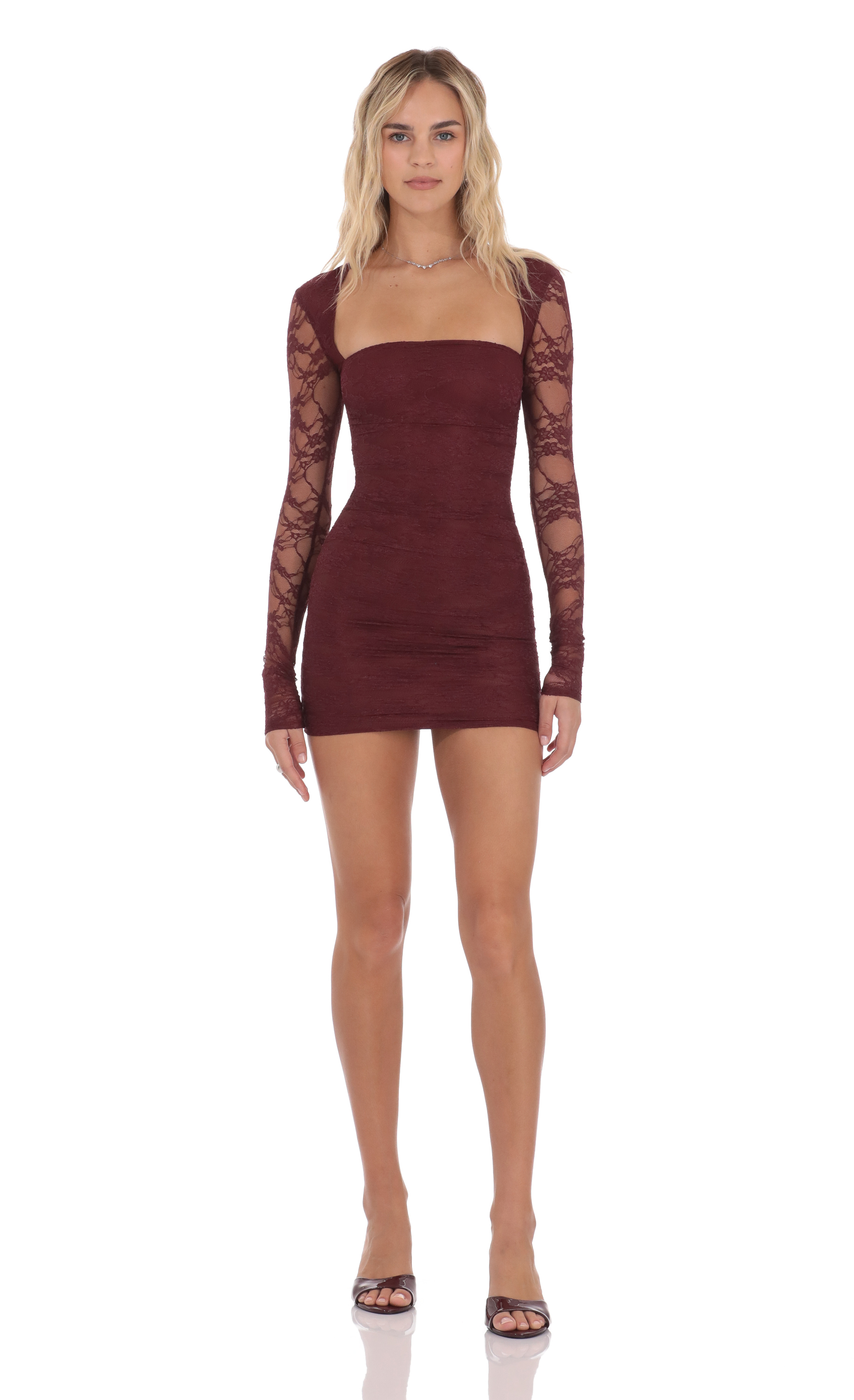 Lace Long Sleeve Bodycon in Burgundy - view 4