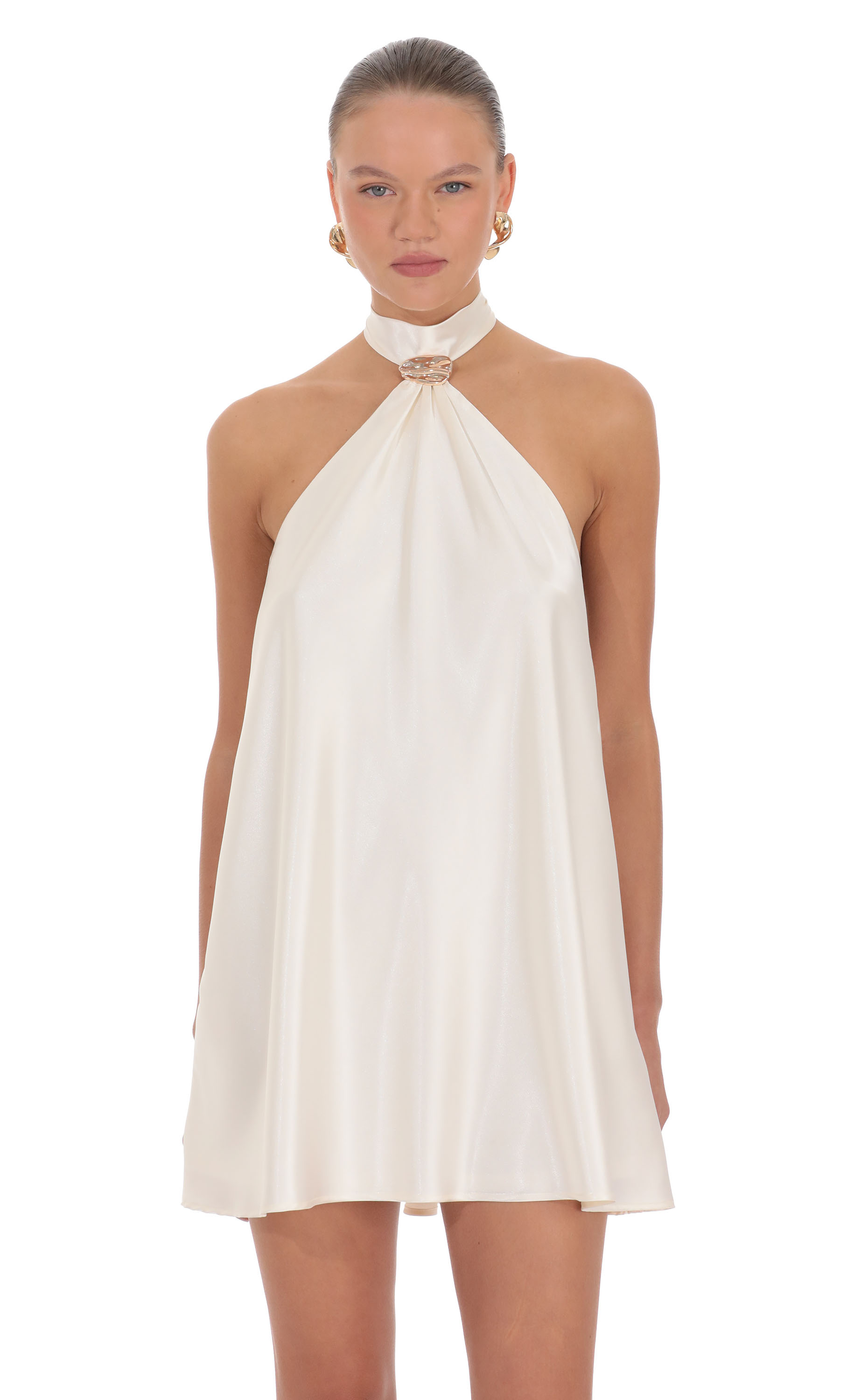 Satin Ring Halter Mini Dress in White - view 1