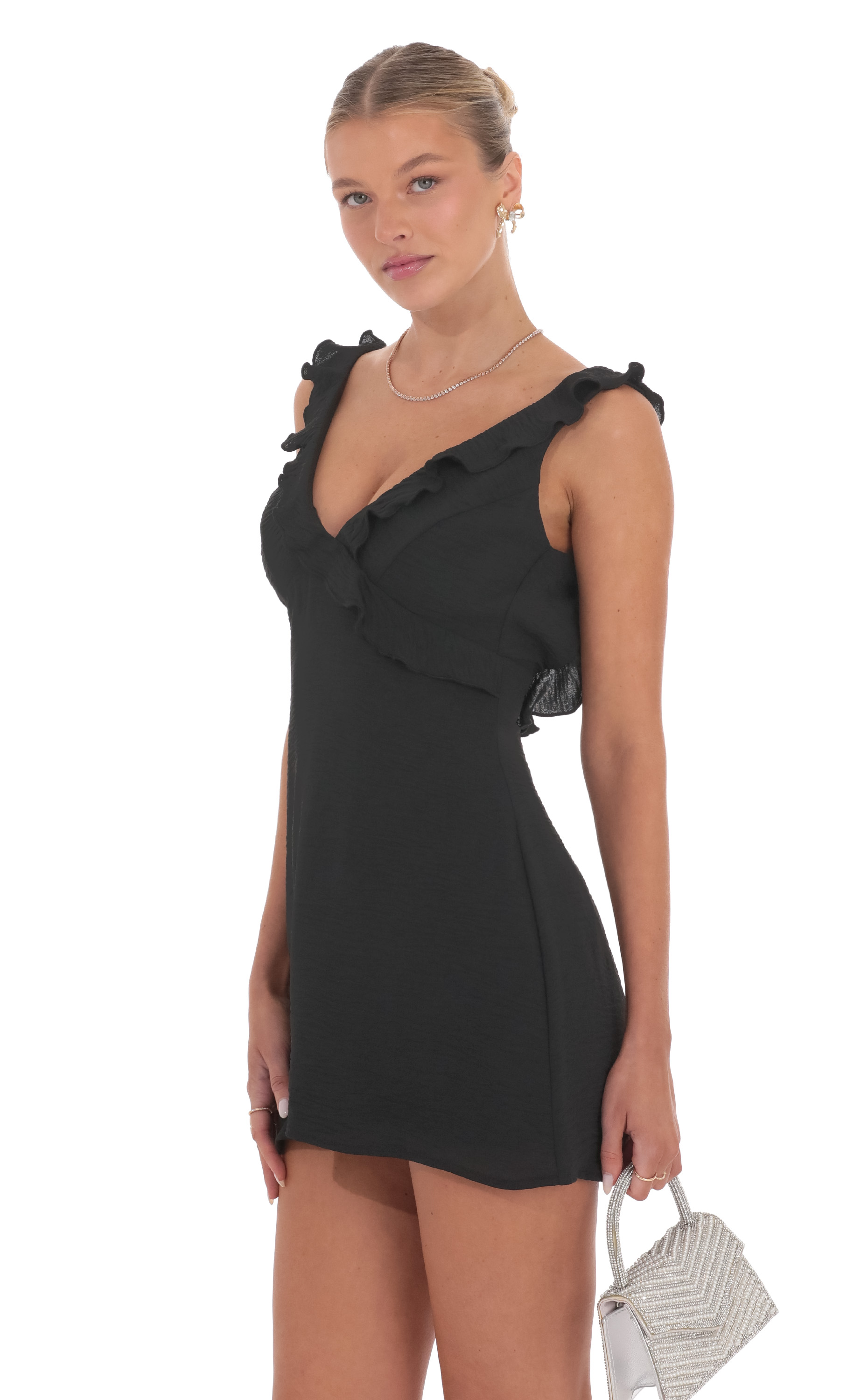 Ruffle V-Neck Mini Dress in Black - view 3