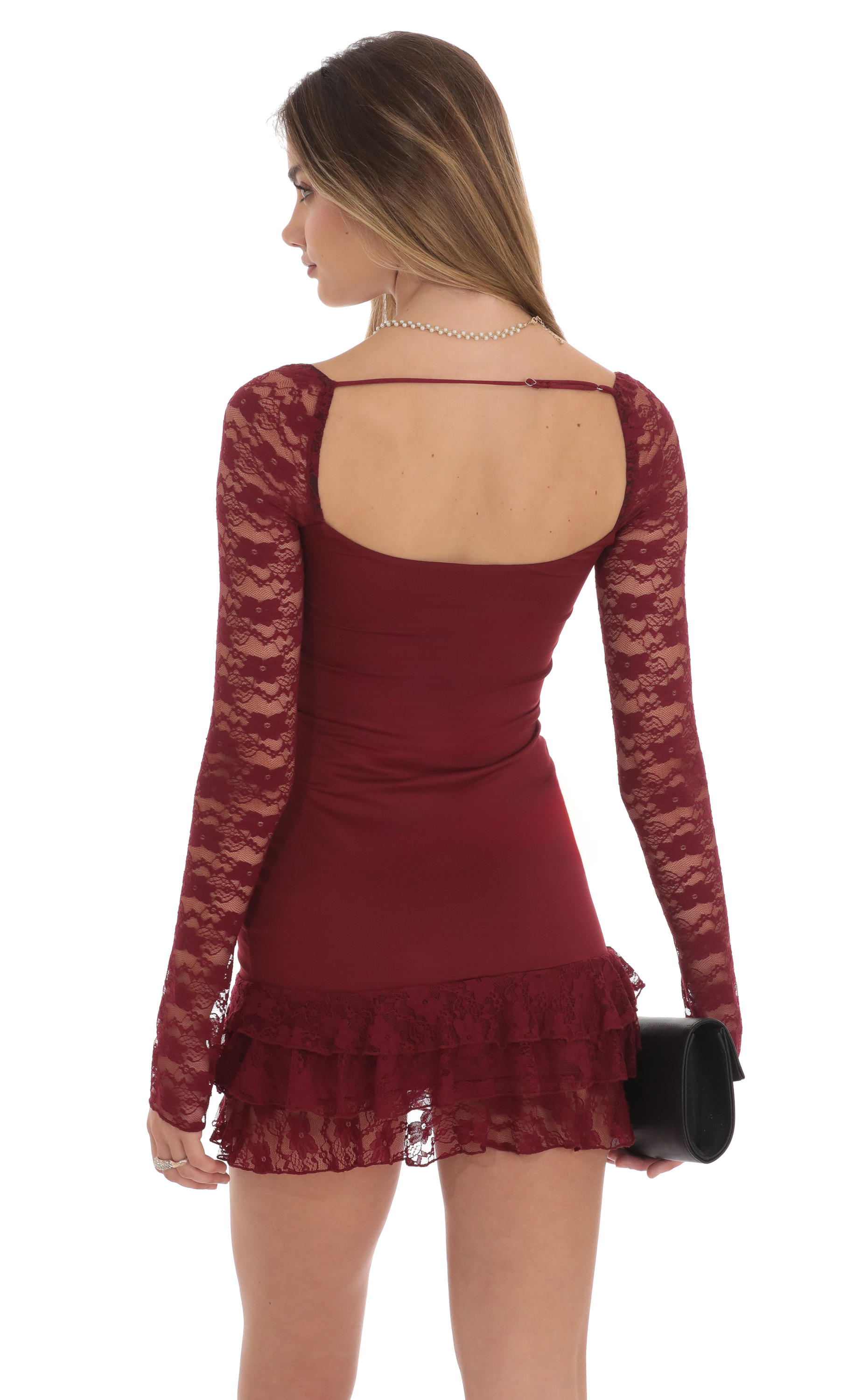 Lace Ruffle Bodycon Dress in Maroon - view 2