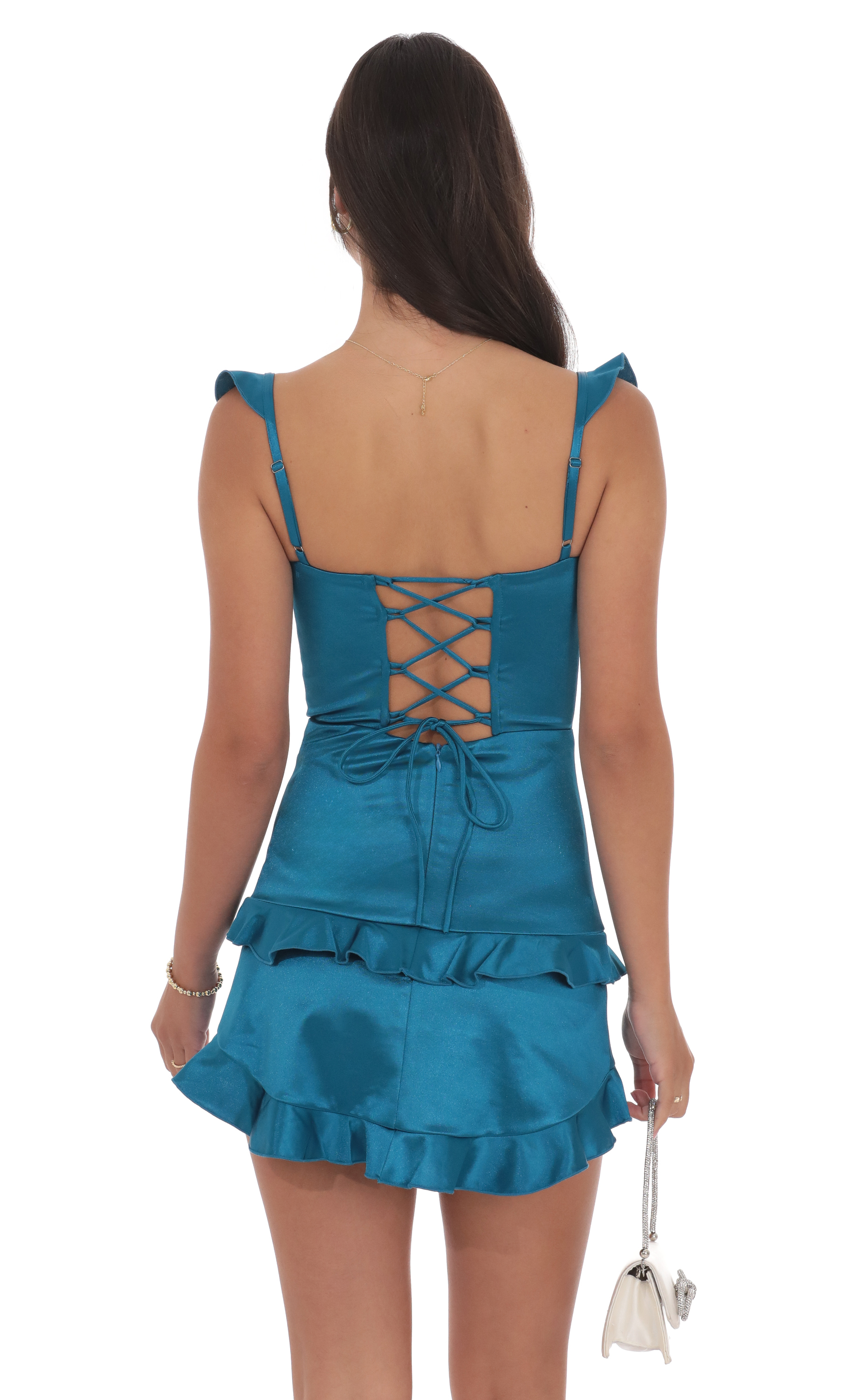Satin Ruffle Bodycon Dress in Cobalt - view 2