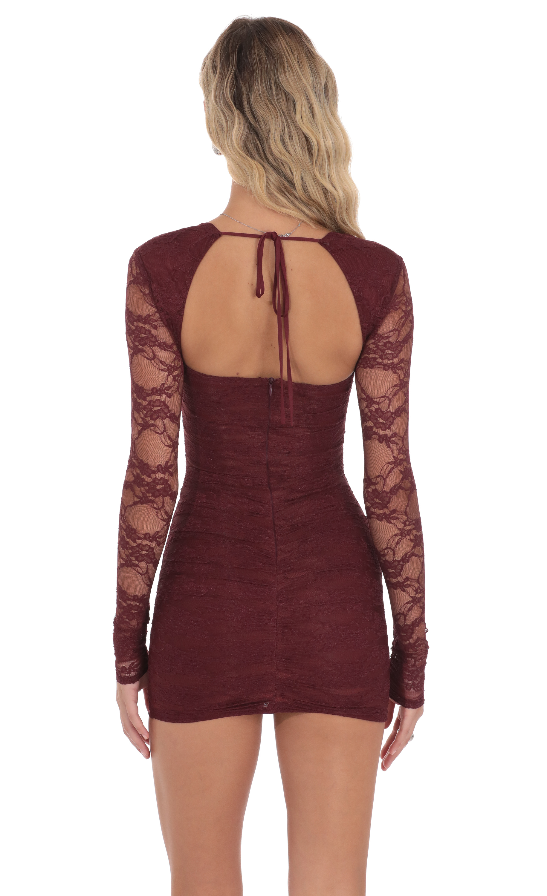 Lace Long Sleeve Bodycon in Burgundy - view 2
