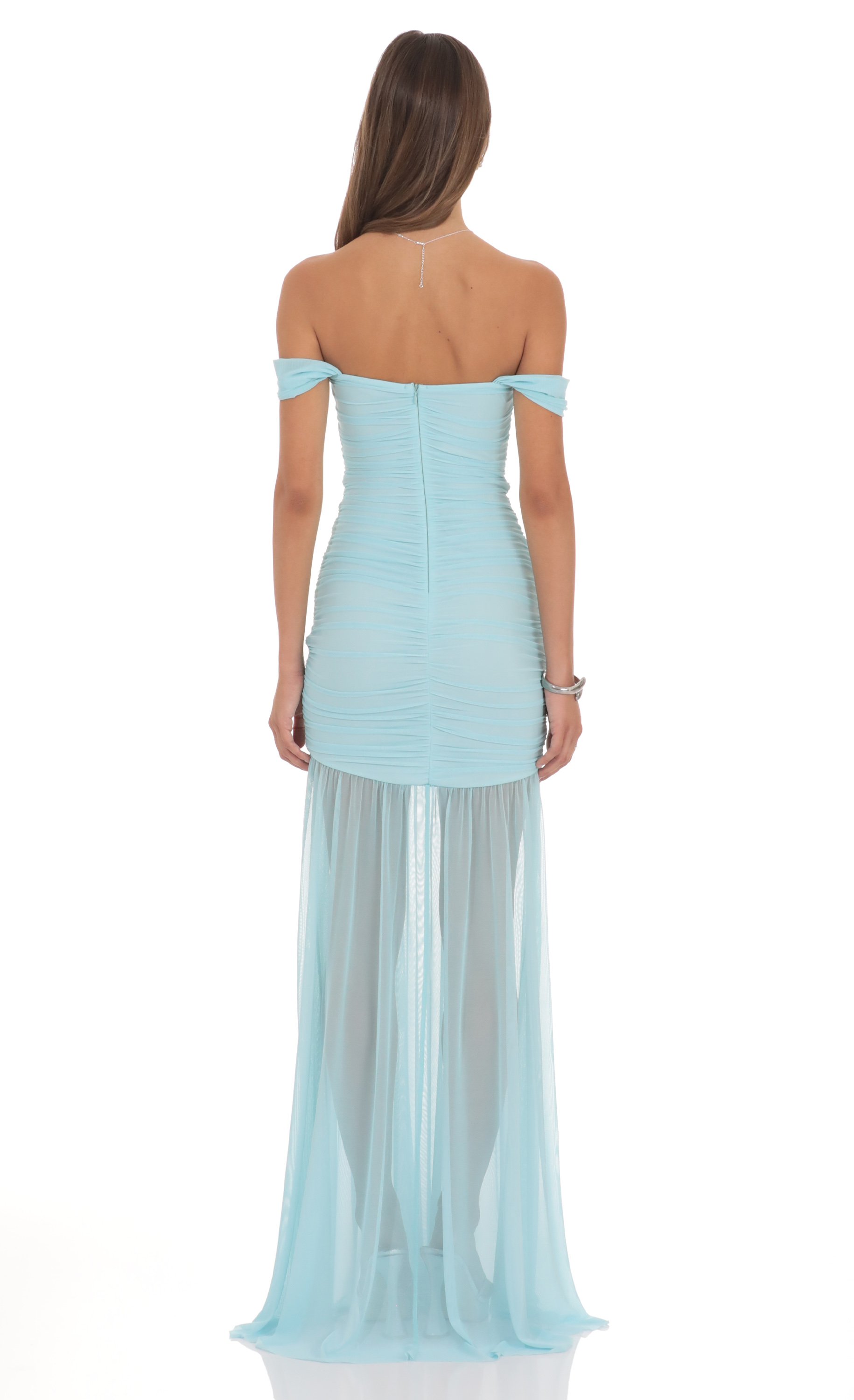 Mesh Off Shoulder Ruched Maxi Dress in Blue - view 2
