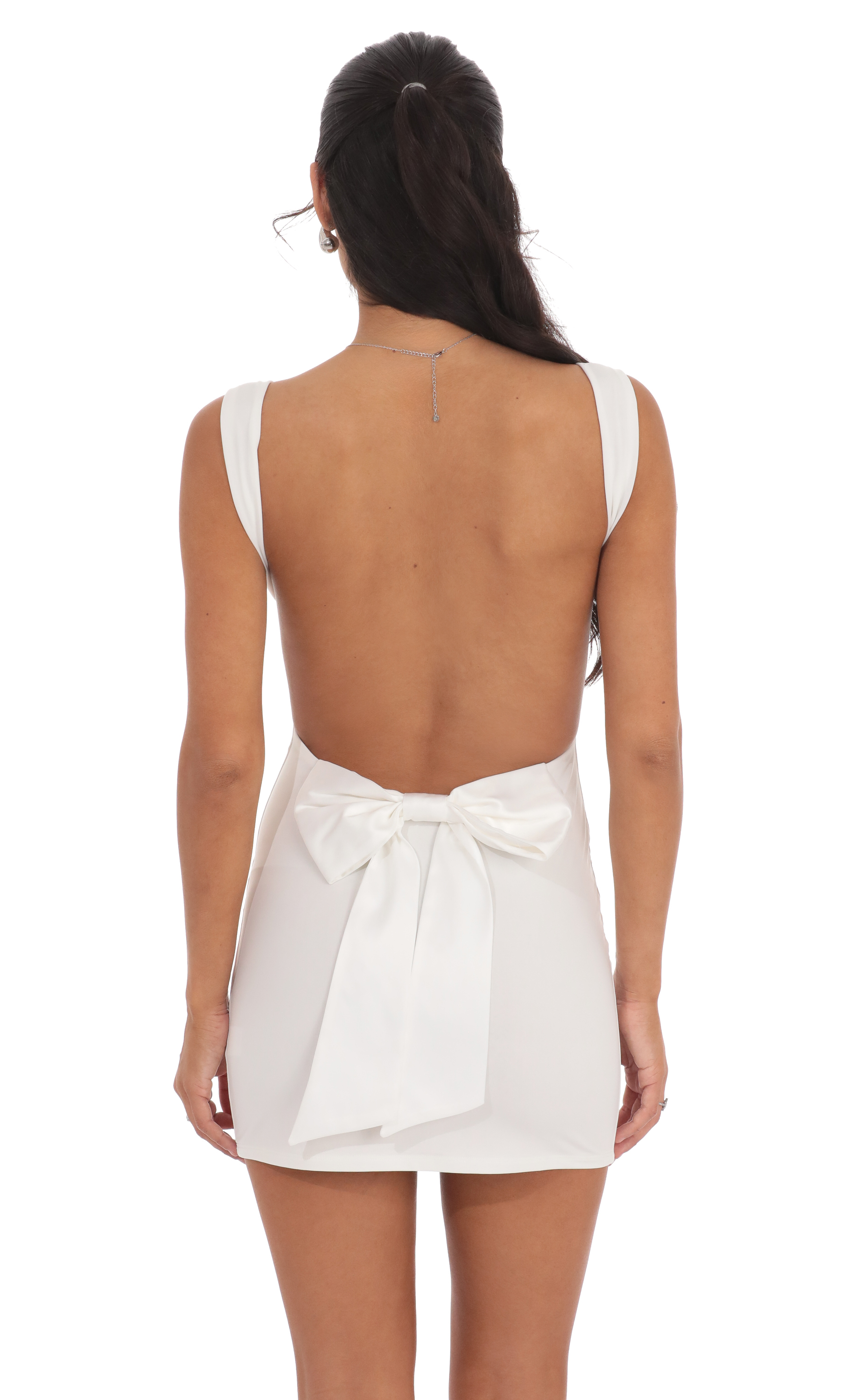 Open Back Satin Bow Dress in White - View 1
