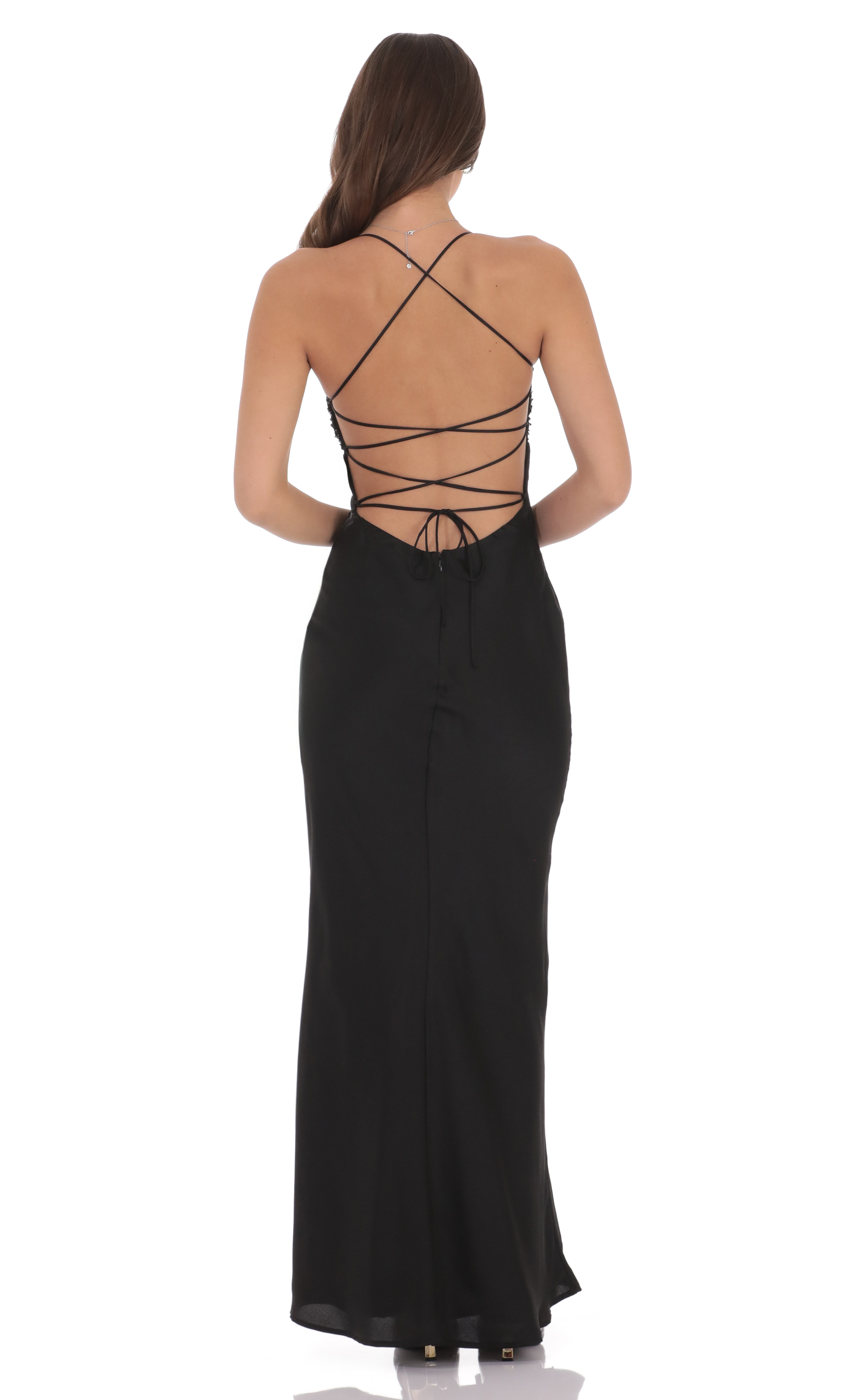 Sequin Bust Satin Maxi Dress in Black - view 2