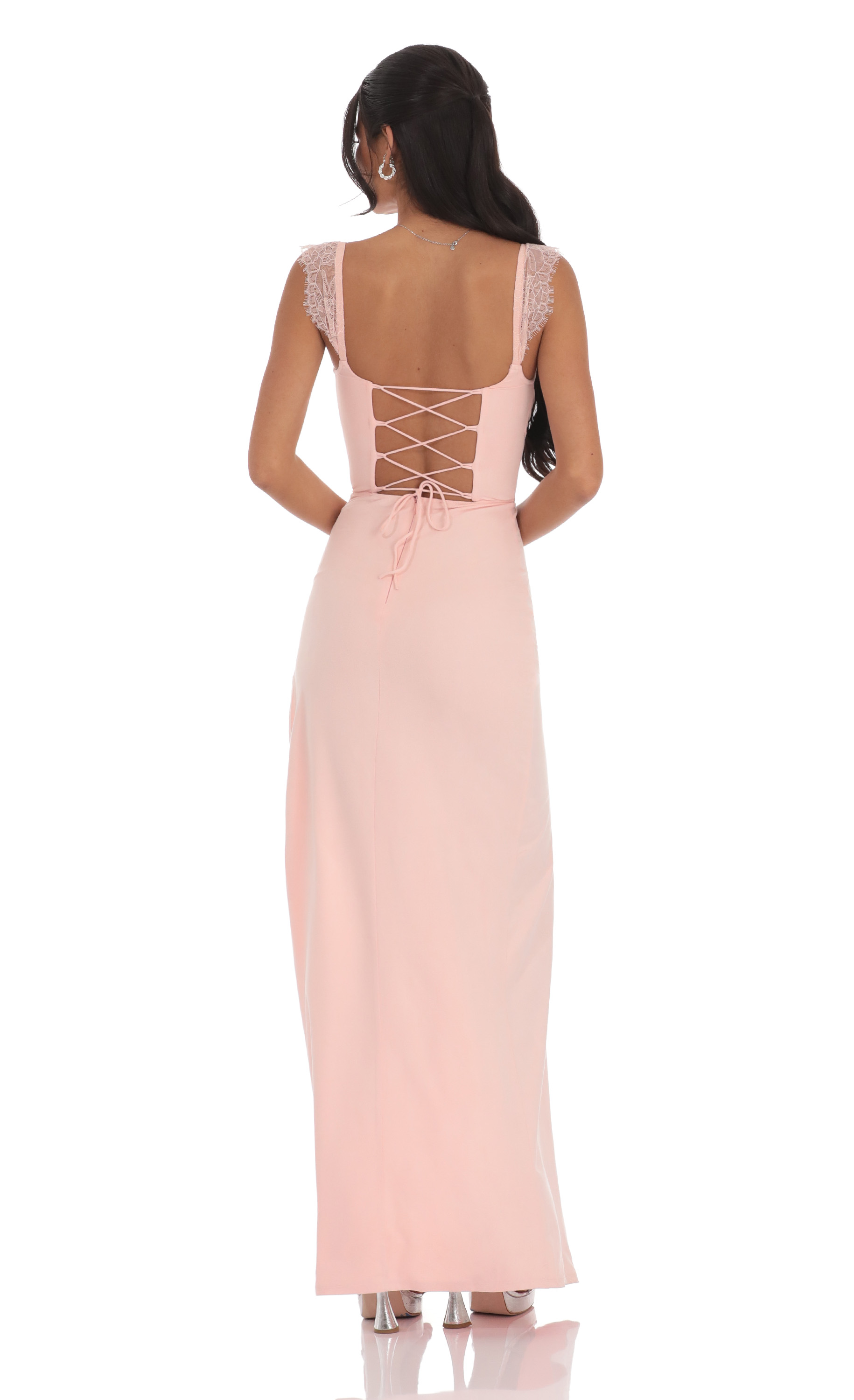 Draped Lace Maxi Dress in Pink - view 2