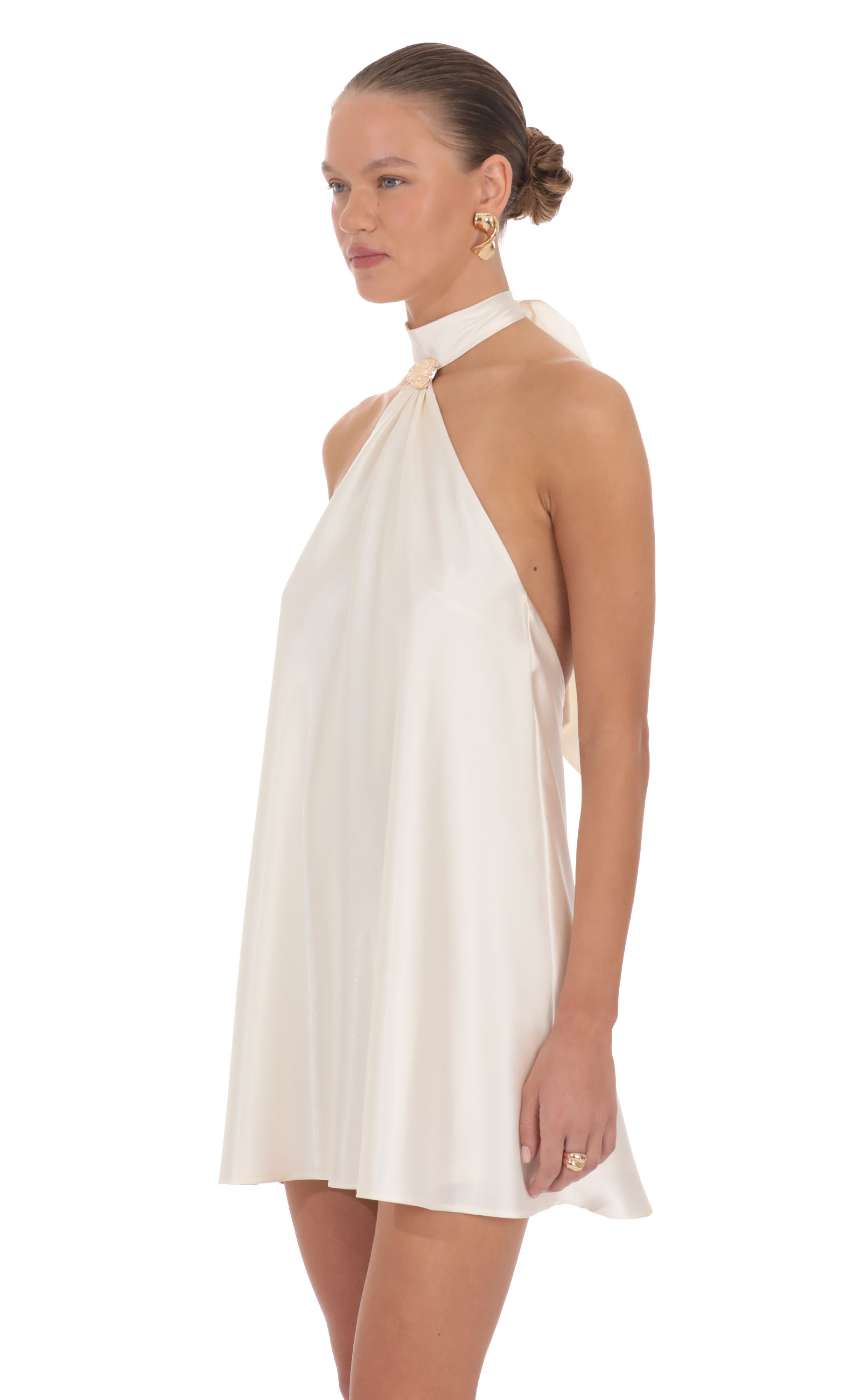 Satin Ring Halter Mini Dress in White - view 3