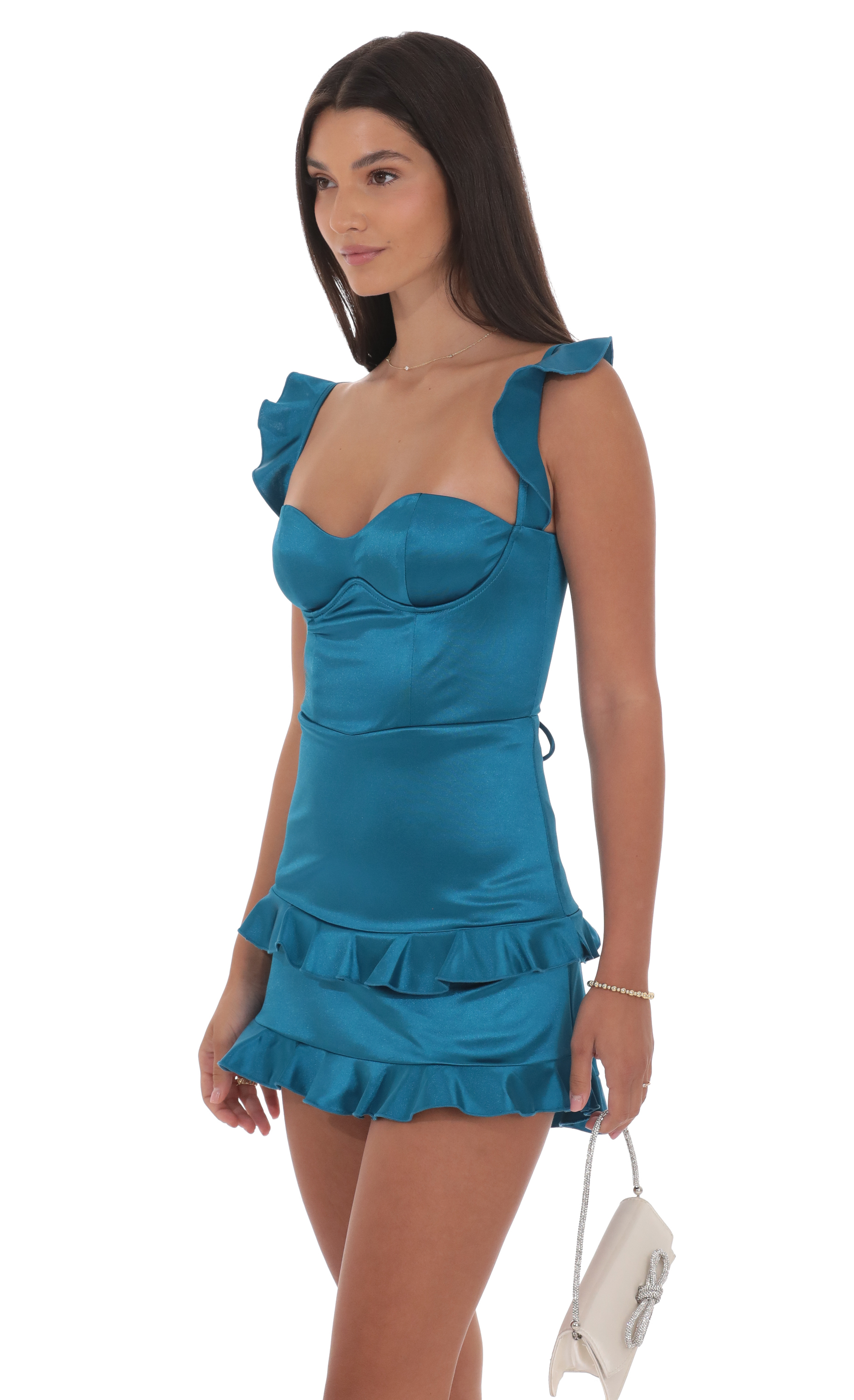 Satin Ruffle Bodycon Dress in Cobalt - view 3
