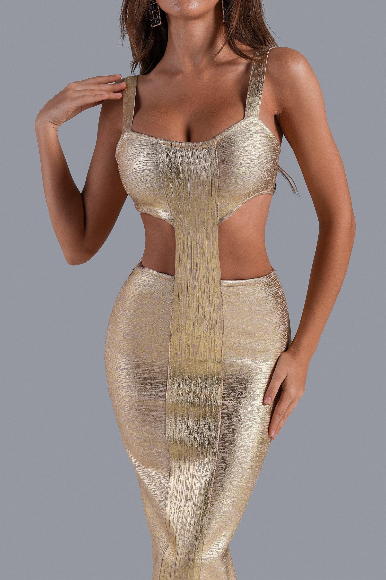 Kit Metallic Midi Bandage Dress - Gold - Bellabarnett