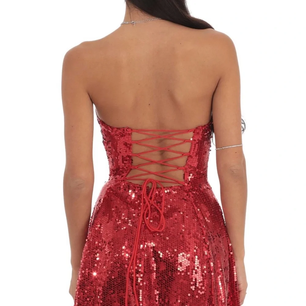 Sequin Strapless Fit and Flare Dress in Red