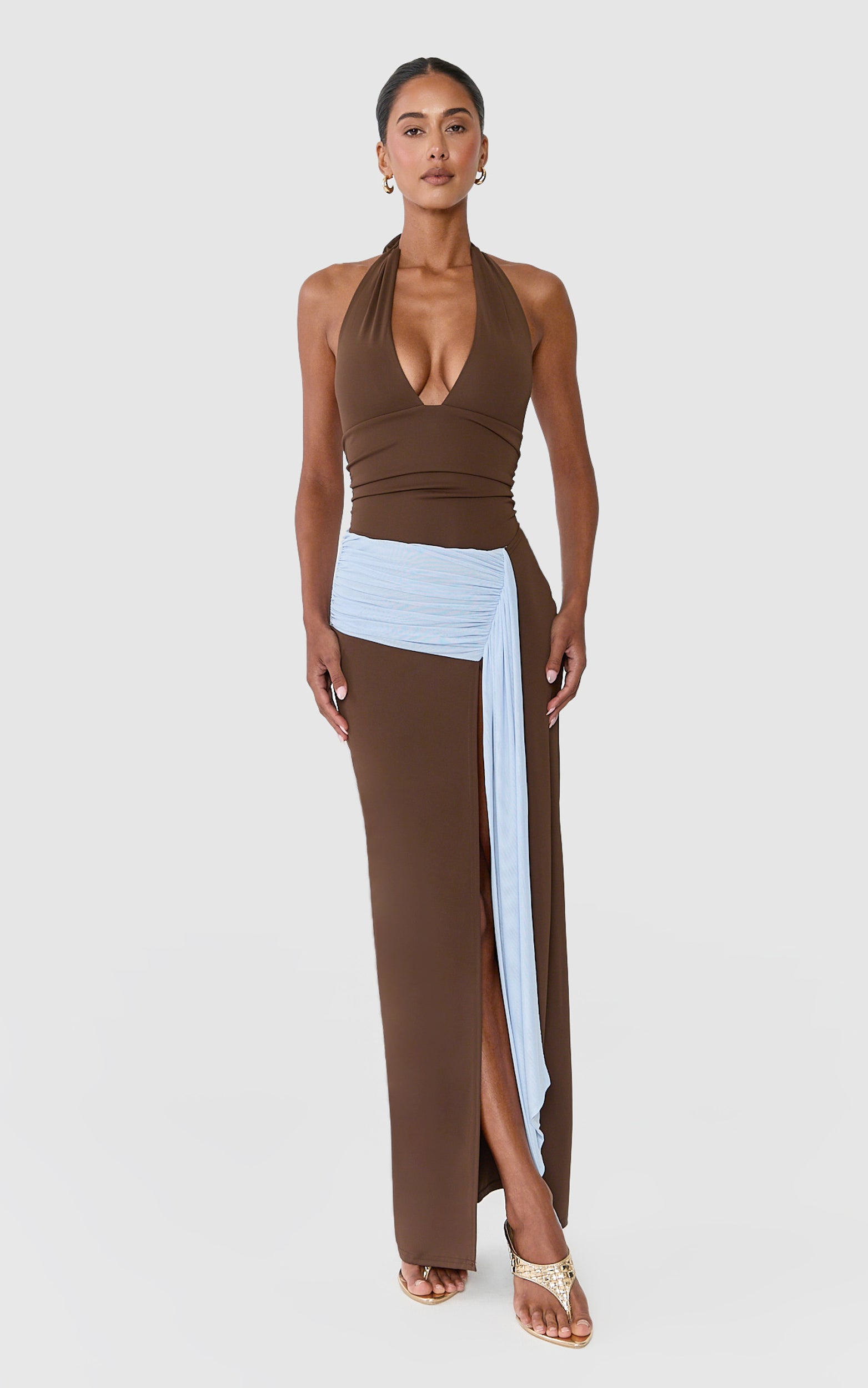 Estelle Two Piece Bodysuit and Skirt Set - Plunge Neck Bodysuit And Low Rise Waist Sash Skirt Set in Blue/Chocolate Contrast - View 4