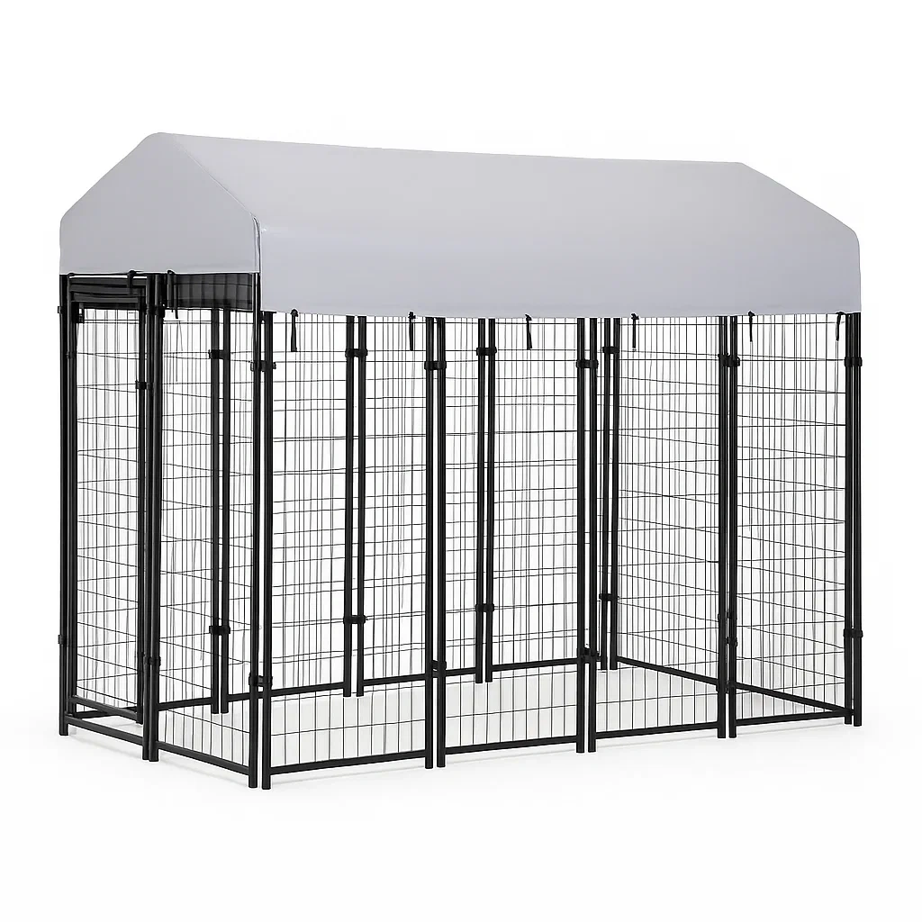 Jaula para perro de metal con techo de polietileno gris