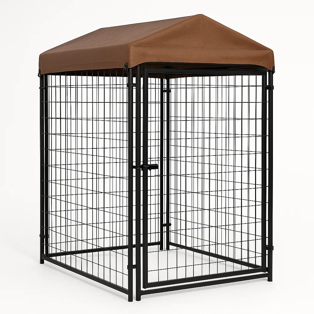 Jaula para perro con estructura metálica negra y techo textil marrón 122×182×122 cm