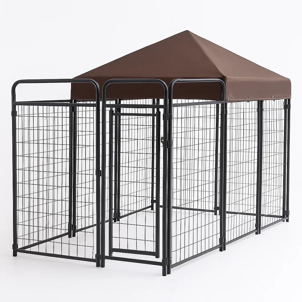 Jaula para perro de acero galvanizado con techo de lona marrón