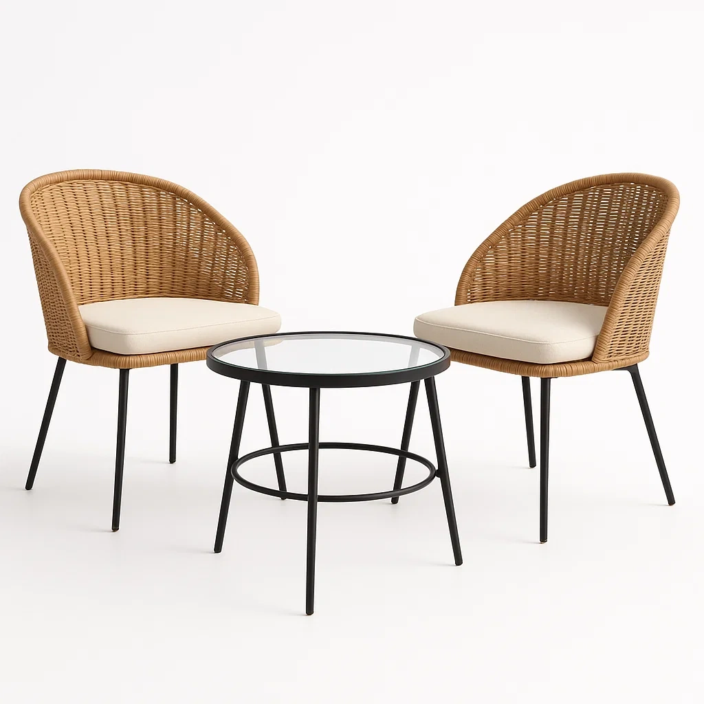 Conjuntos bistró pequeños de mimbre con mesa de vidrio templado