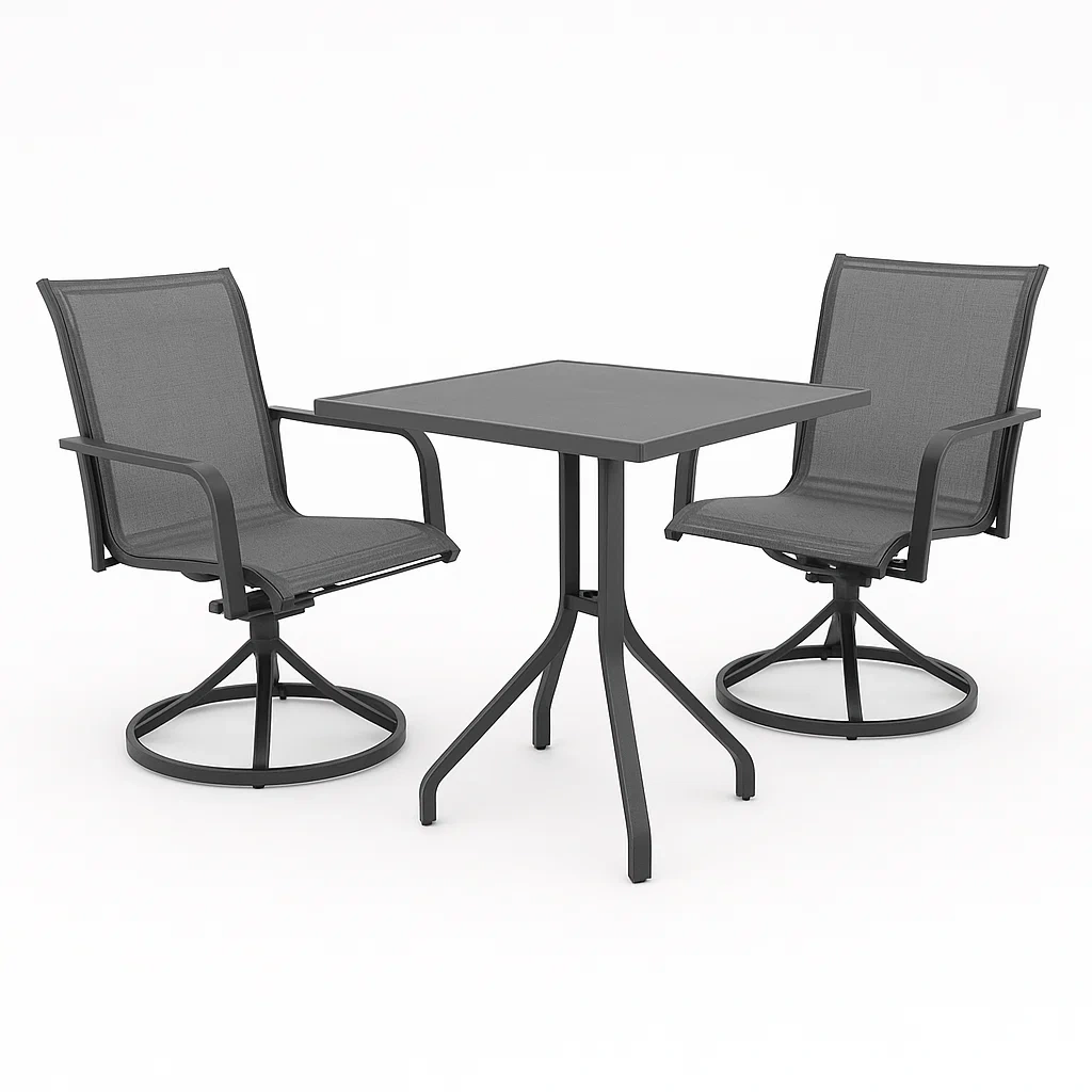 Conjuntos bistró pequeños con mesa cuadrada de aluminio y 2 sillas giratorias en color gris