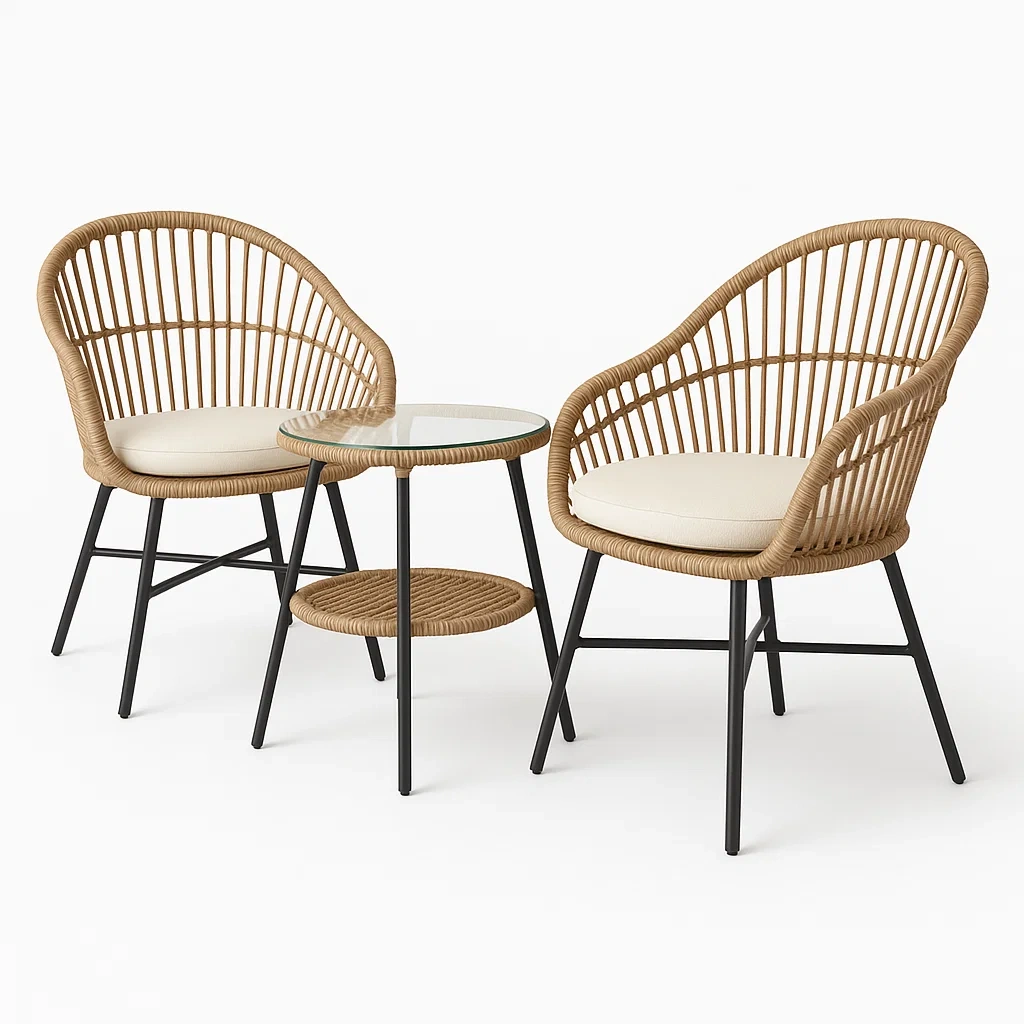 Conjuntos bistró pequeños de ratán sintético con mesa auxiliar de vidrio templado